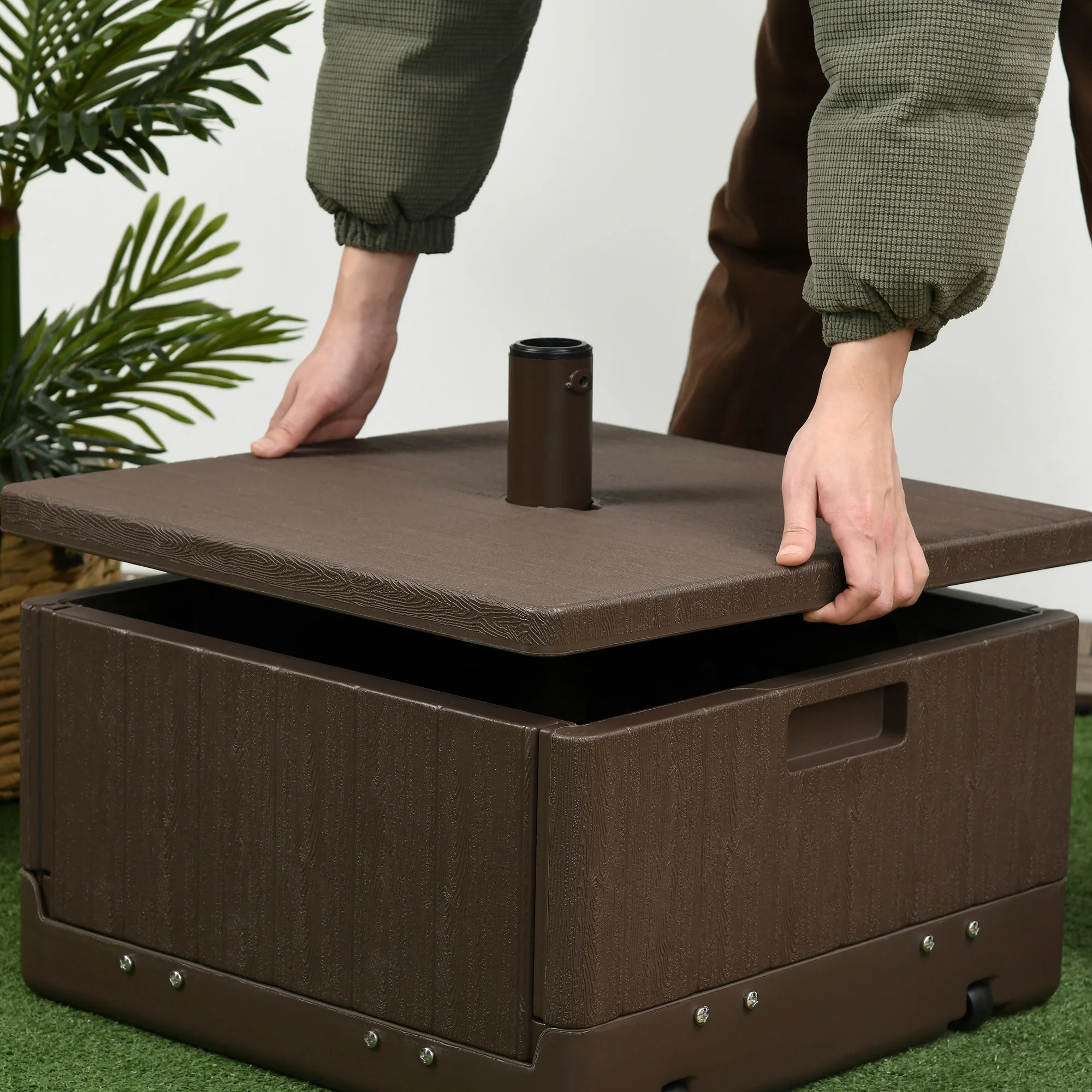 3-in-1 Outdoor Umbrella Base, Coffee End Table, Flower Box Planter, 175lbs Capacity Patio Umbrella Stand Table with Wheels and Handles, Brown - Image 11