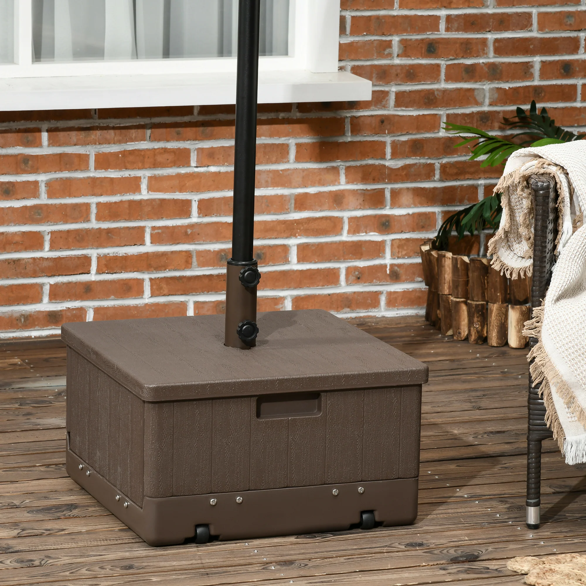 3-in-1 Outdoor Umbrella Base, Coffee End Table, Flower Box Planter, 175lbs Capacity Patio Umbrella Stand Table with Wheels and Handles, Brown - Image 3