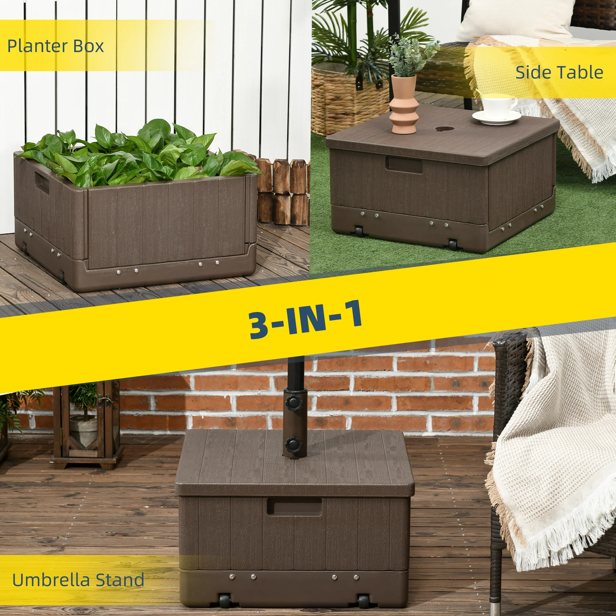 3-in-1 Outdoor Umbrella Base, Coffee End Table, Flower Box Planter, 175lbs Capacity Patio Umbrella Stand Table with Wheels and Handles, Brown - Image 6