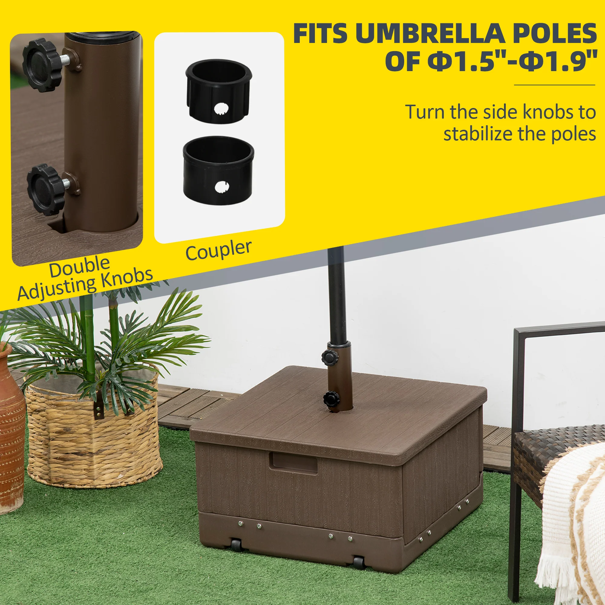 3-in-1 Outdoor Umbrella Base, Coffee End Table, Flower Box Planter, 175lbs Capacity Patio Umbrella Stand Table with Wheels and Handles, Brown - Image 7