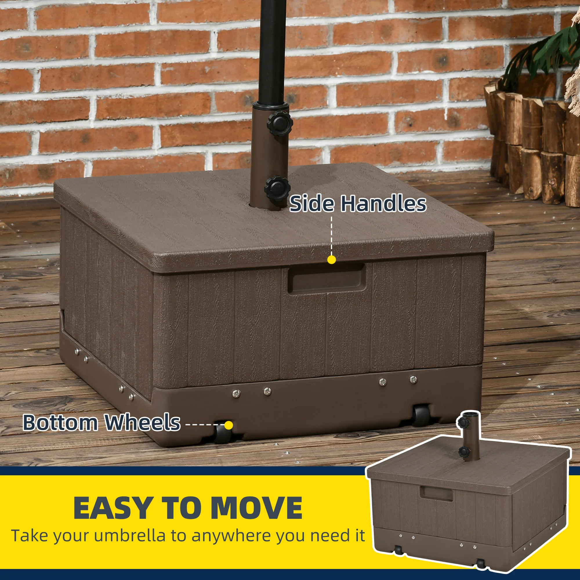 3-in-1 Outdoor Umbrella Base, Coffee End Table, Flower Box Planter, 175lbs Capacity Patio Umbrella Stand Table with Wheels and Handles, Brown - Image 9