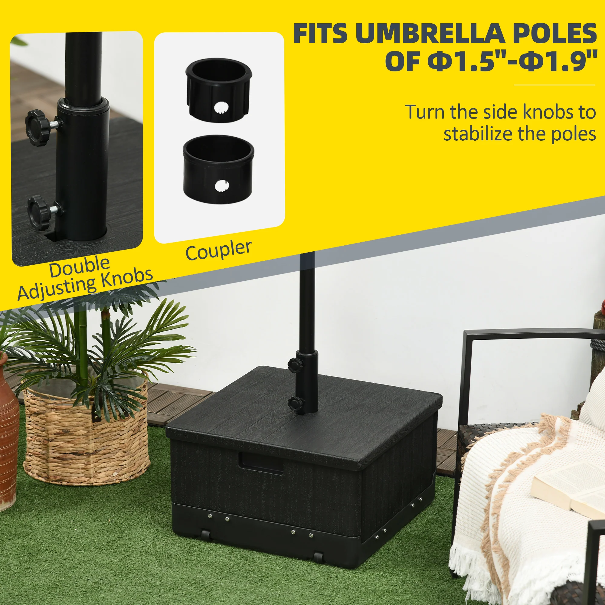 3-in-1 Outdoor Umbrella Base, Coffee End Table, Flower Box Planter, 175lbs Capacity Patio Umbrella Stand Table with Wheels and Handles, Black - Image 7