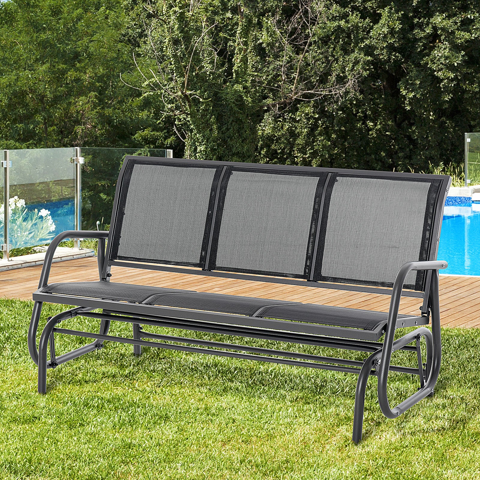 3-Person Patio Glider Bench with Breathable Mesh & Metal Frame, Black - Image 3