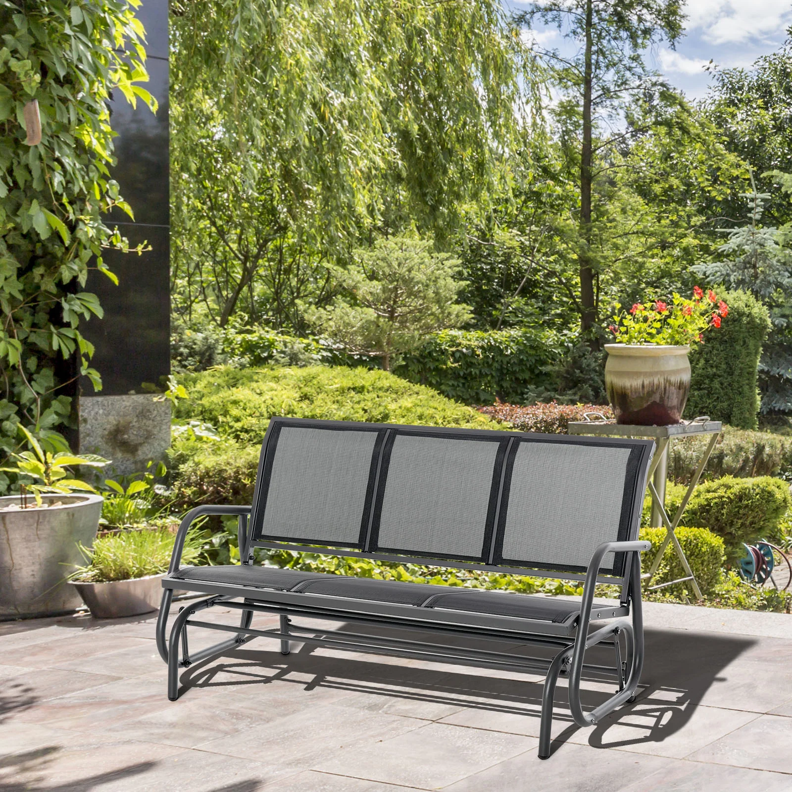 3-Person Patio Glider Bench with Breathable Mesh & Metal Frame, Black - Image 4