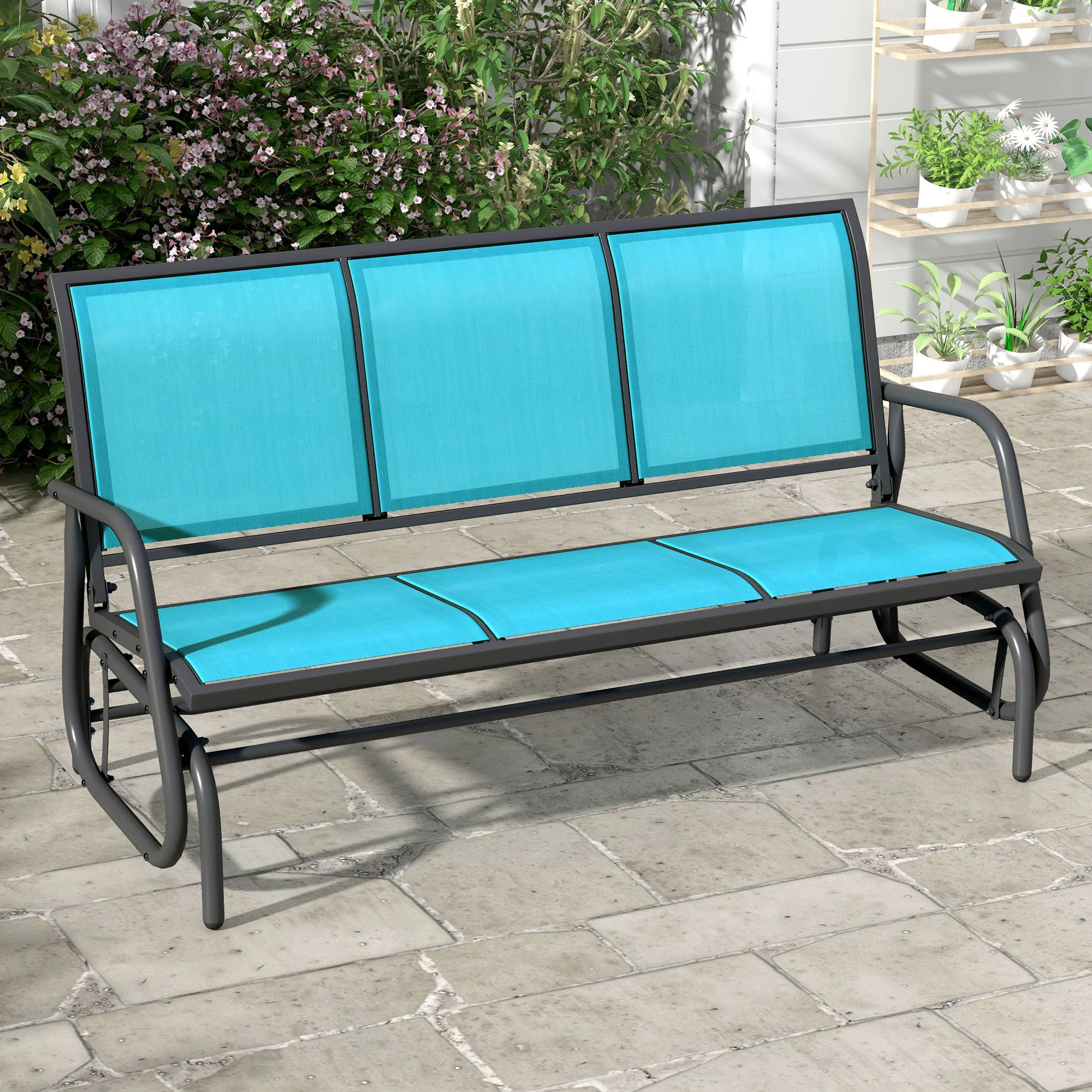 3-Person Outdoor Glider Bench with Breathable Mesh Fabric, Metal Frame, Blue - Image 4