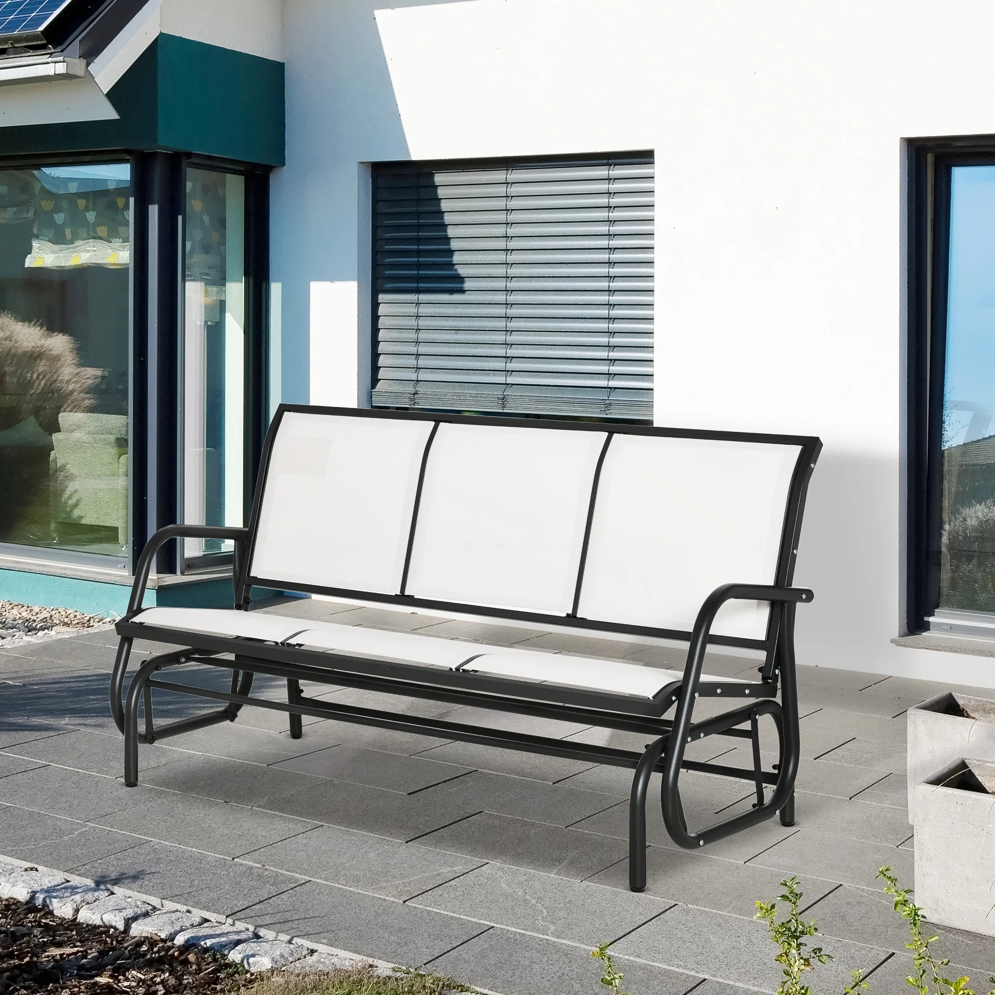 3-Seater Outdoor Glider Swing with Breathable Mesh, Metal Frame, Cream White - Image 3