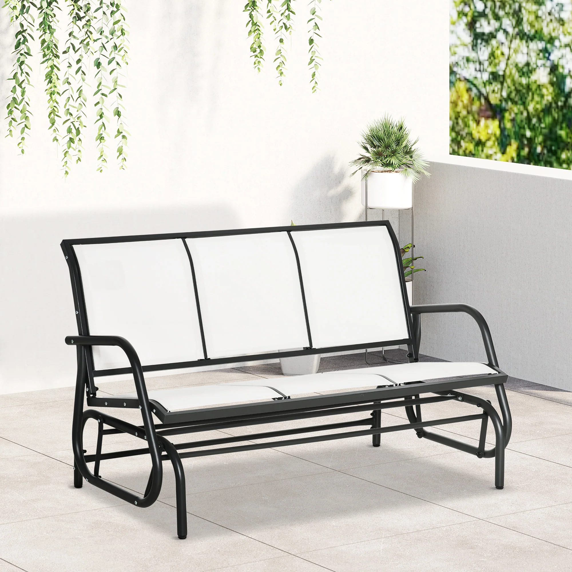 3-Seater Outdoor Glider Swing with Breathable Mesh, Metal Frame, Cream White - Image 4