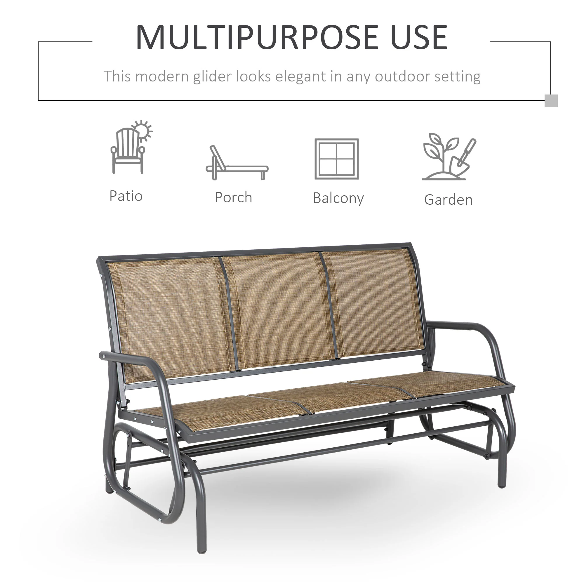 3-Seat Porch Glider Swing with Breathable Mesh & Metal Frame, Brown - Image 7