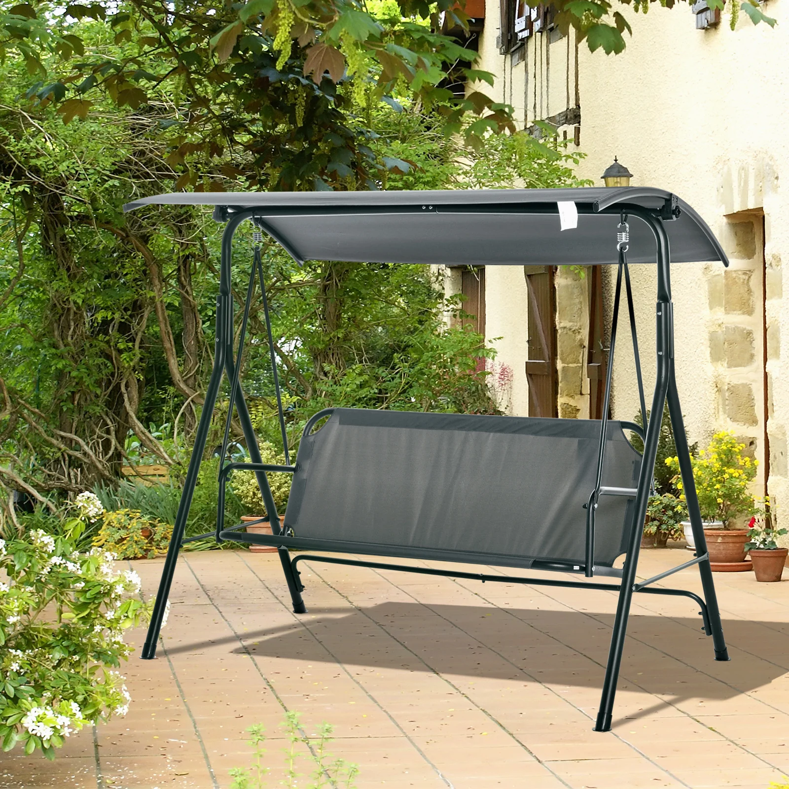3-Person Porch Swing with Adjustable Canopy, Bench Seat & Steel Stand in Gray - Image 4