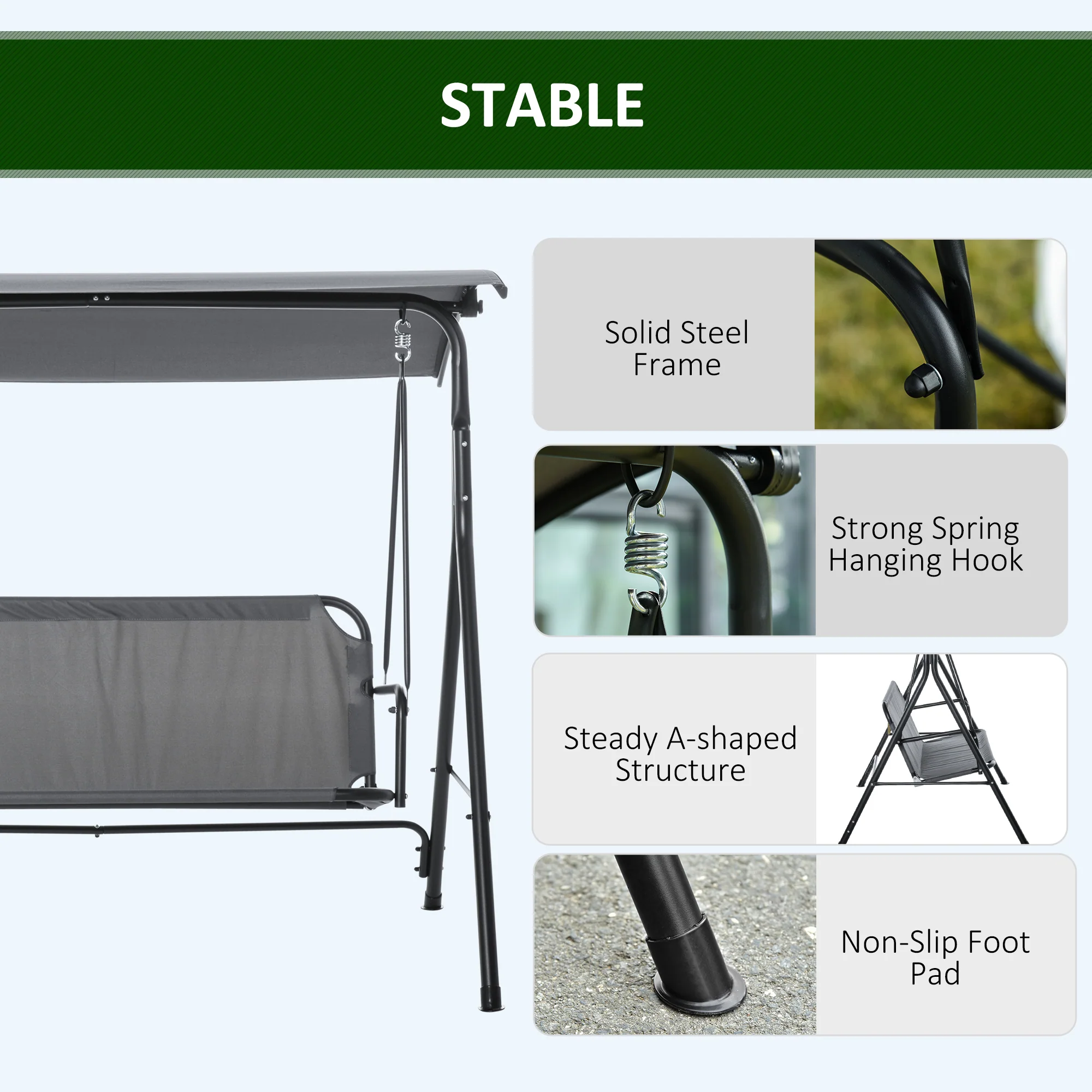 3-Person Porch Swing with Adjustable Canopy, Bench Seat & Steel Stand in Gray - Image 7