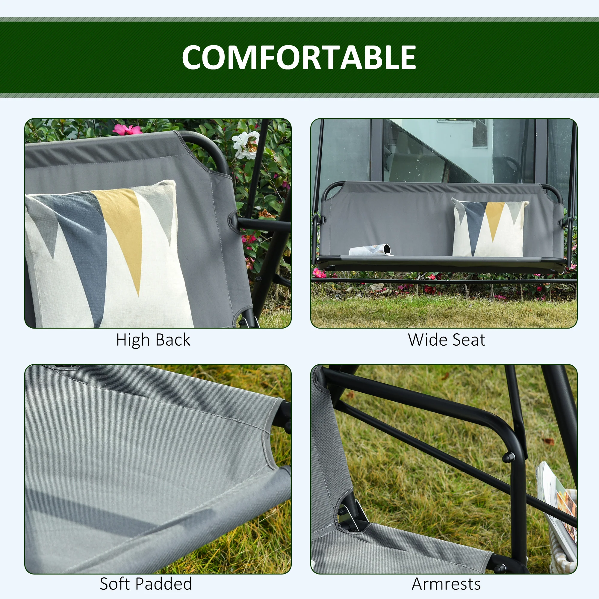 3-Person Porch Swing with Adjustable Canopy, Bench Seat & Steel Stand in Gray - Image 8