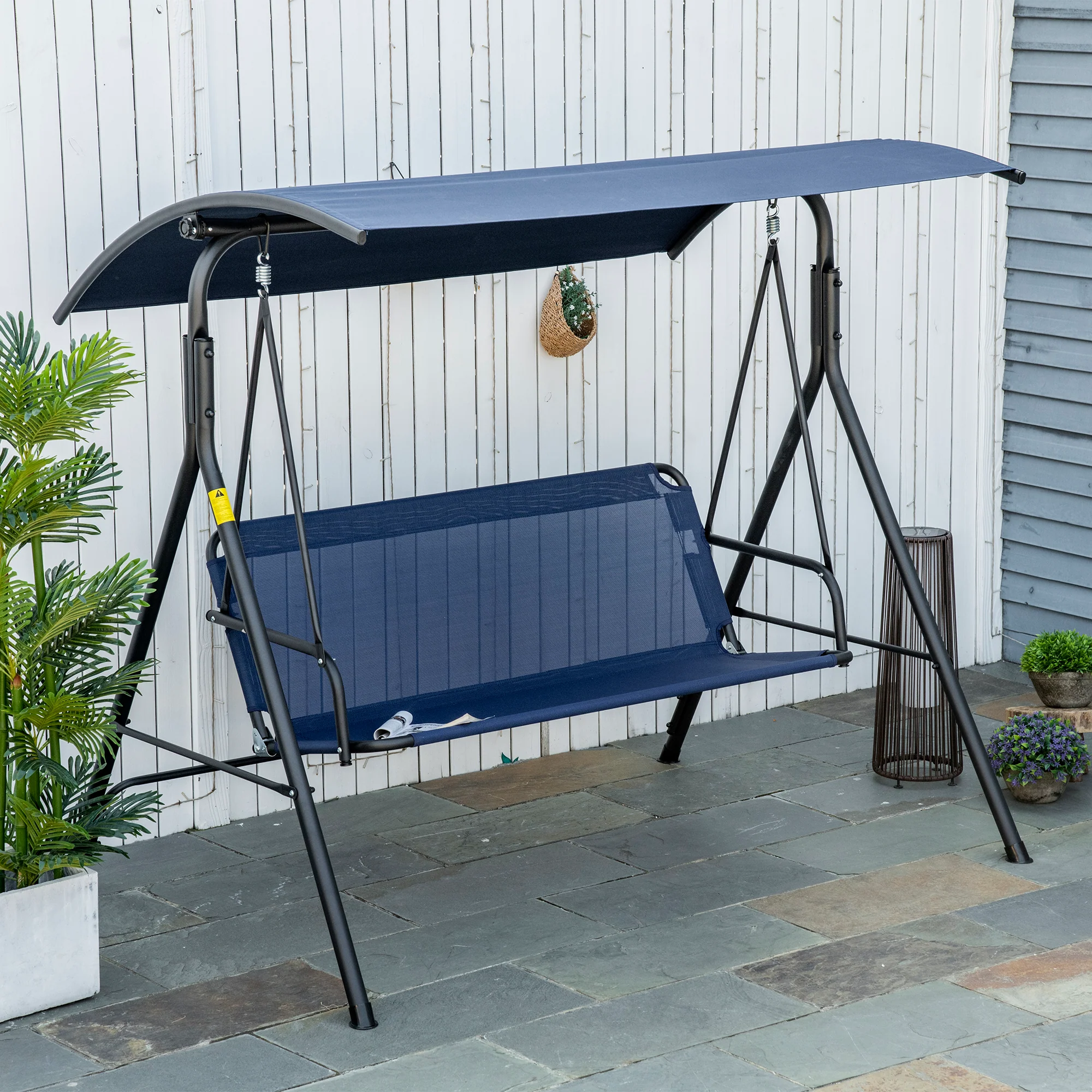3-Person Porch Swing with Adjustable Canopy, Steel Frame & Bench-Style Seat, Dark Blue - Image 4