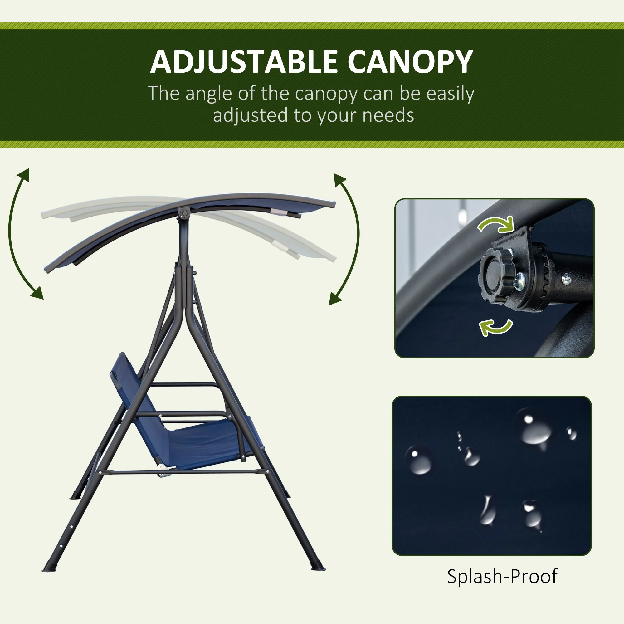 3-Person Porch Swing with Adjustable Canopy, Steel Frame & Bench-Style Seat, Dark Blue - Image 6