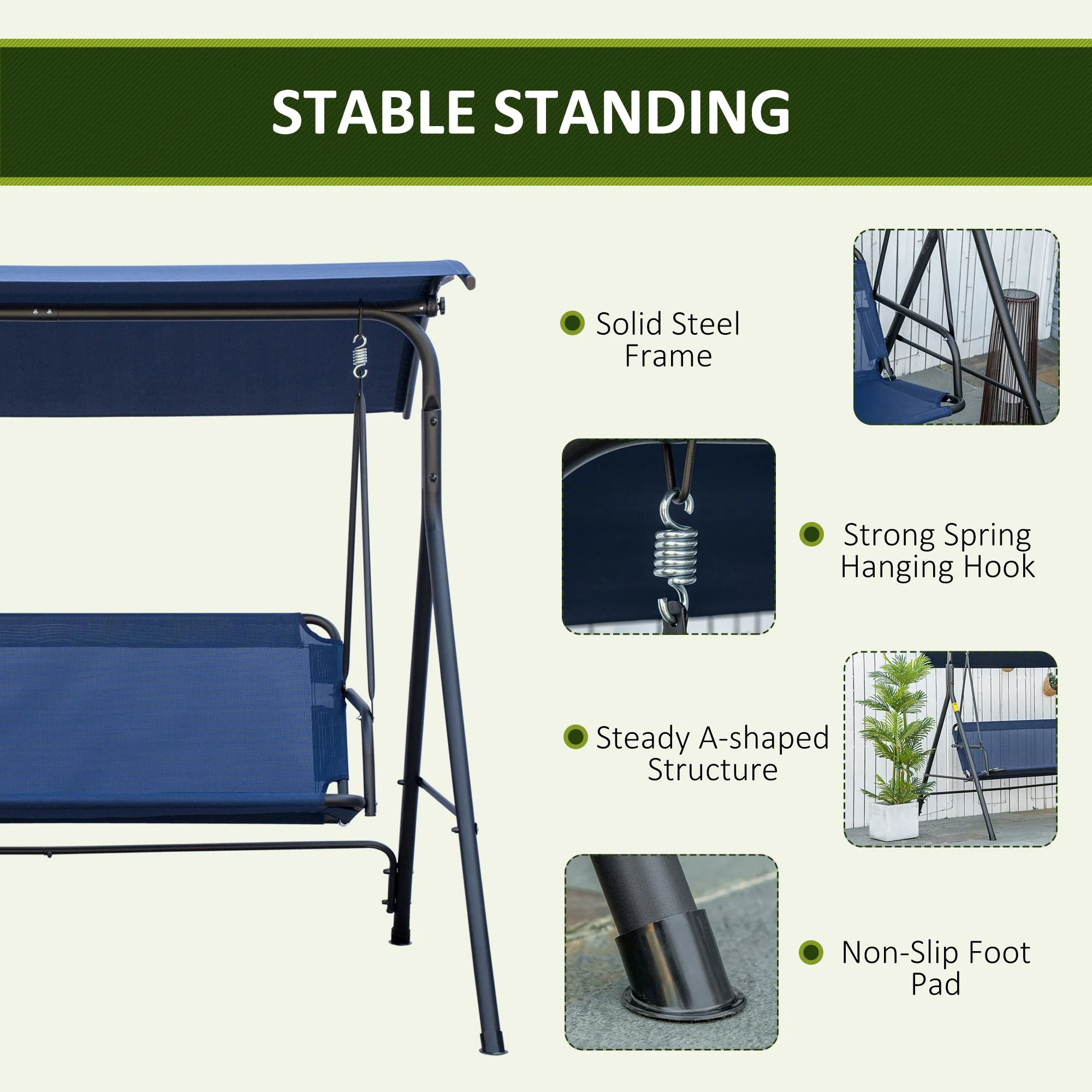 3-Person Porch Swing with Adjustable Canopy, Steel Frame & Bench-Style Seat, Dark Blue - Image 7