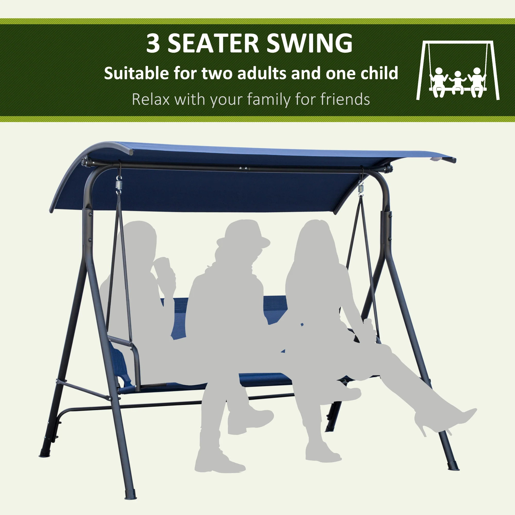 3-Person Porch Swing with Adjustable Canopy, Steel Frame & Bench-Style Seat, Dark Blue - Image 8