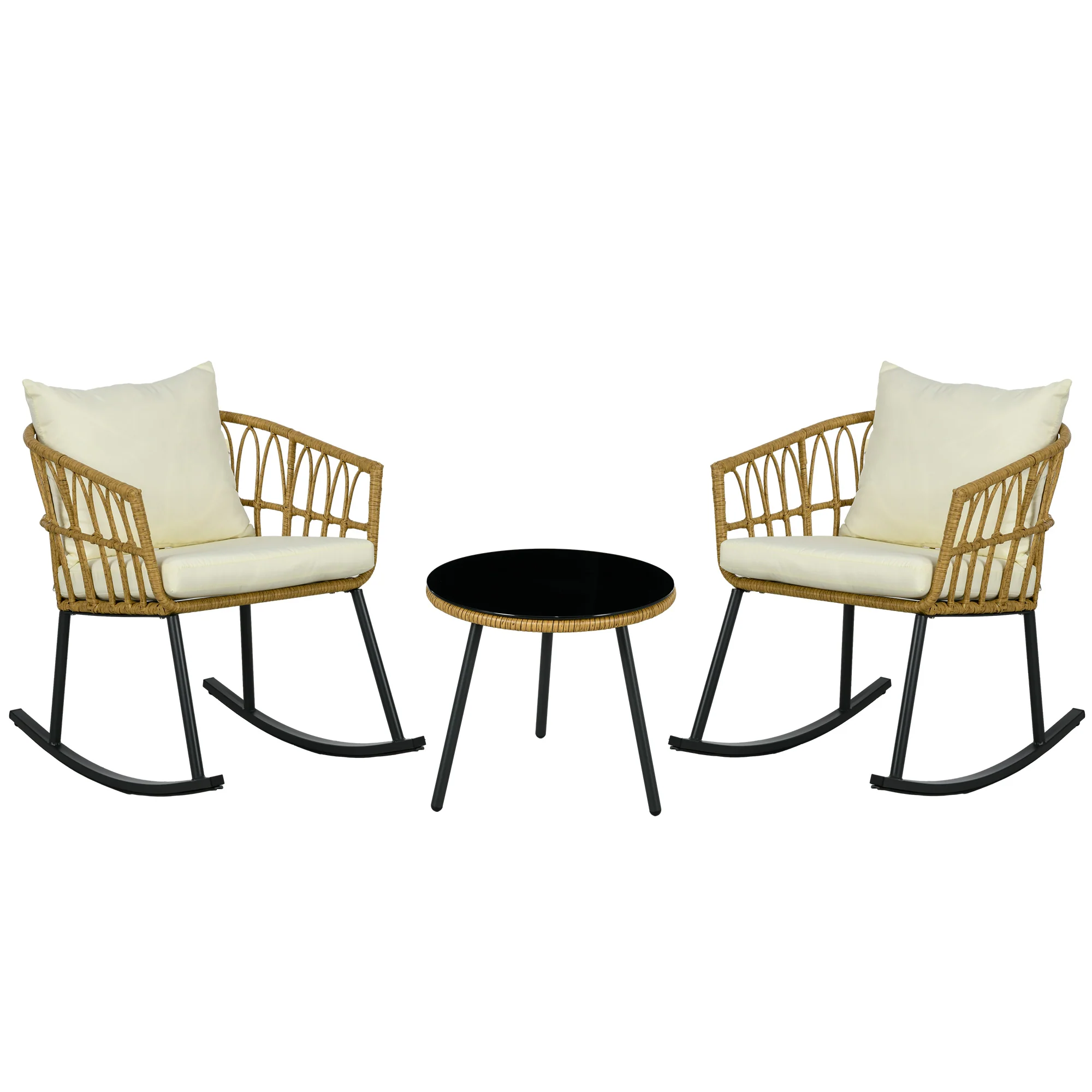 3 Piece Wicker Bistro Set with 2 Porch Rocker Chairs, Glass Top Coffee Table, Cream White - Image 12