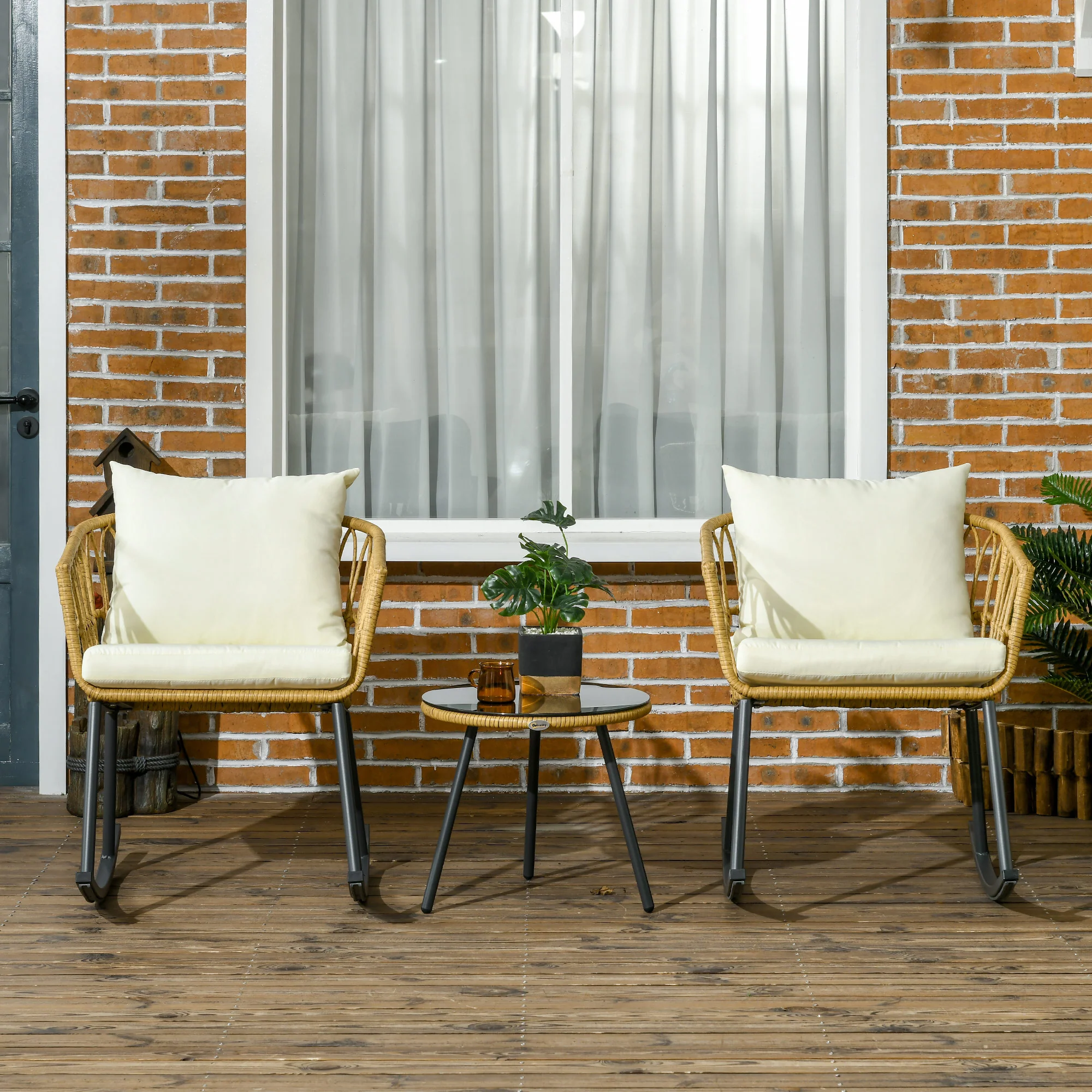 3 Piece Wicker Bistro Set with 2 Porch Rocker Chairs, Glass Top Coffee Table, Cream White - Image 3