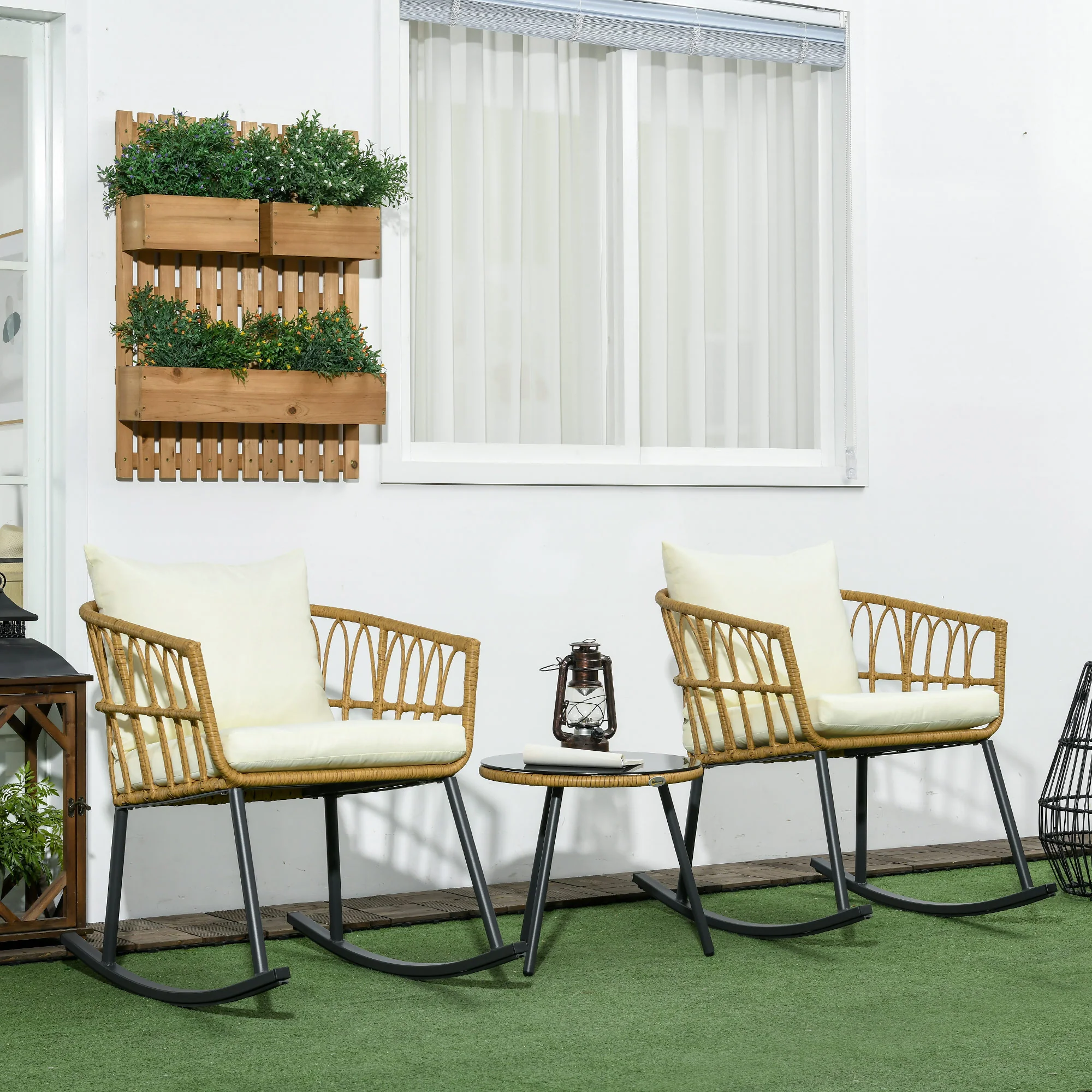 3 Piece Wicker Bistro Set with 2 Porch Rocker Chairs, Glass Top Coffee Table, Cream White - Image 4