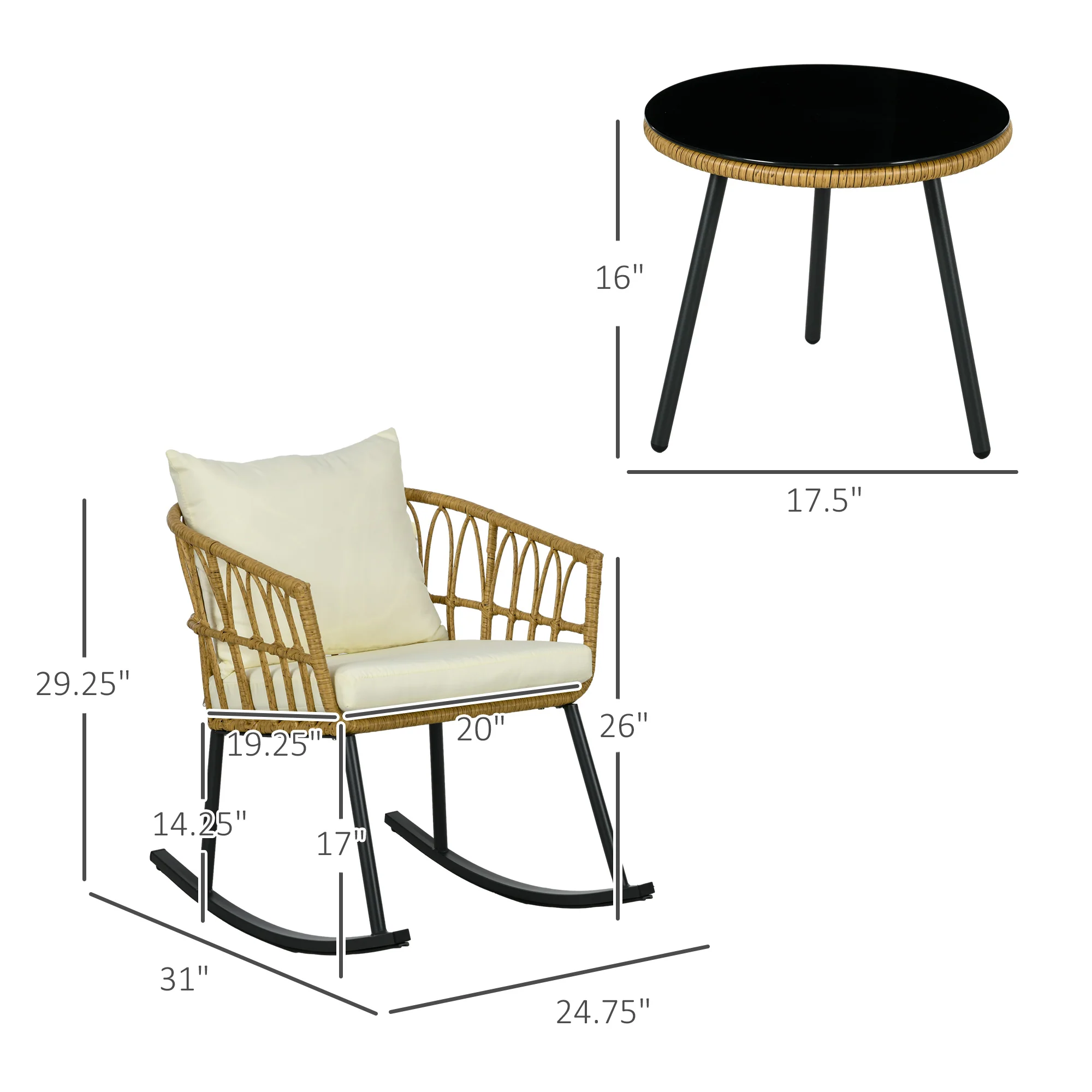 3 Piece Wicker Bistro Set with 2 Porch Rocker Chairs, Glass Top Coffee Table, Cream White - Image 5