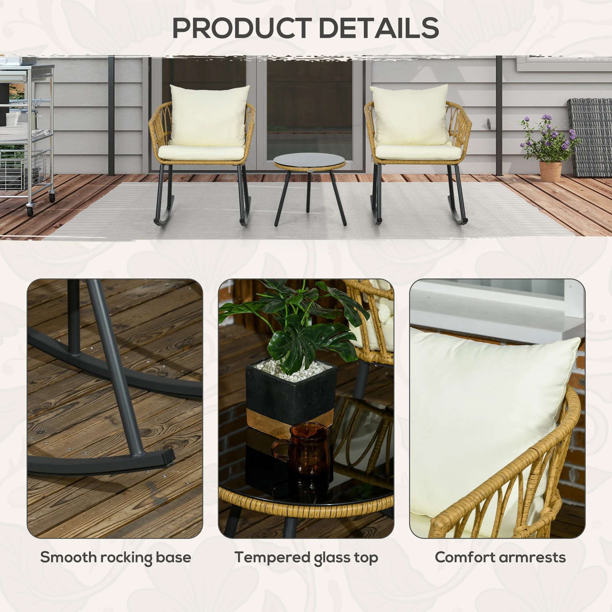 3 Piece Wicker Bistro Set with 2 Porch Rocker Chairs, Glass Top Coffee Table, Cream White - Image 8