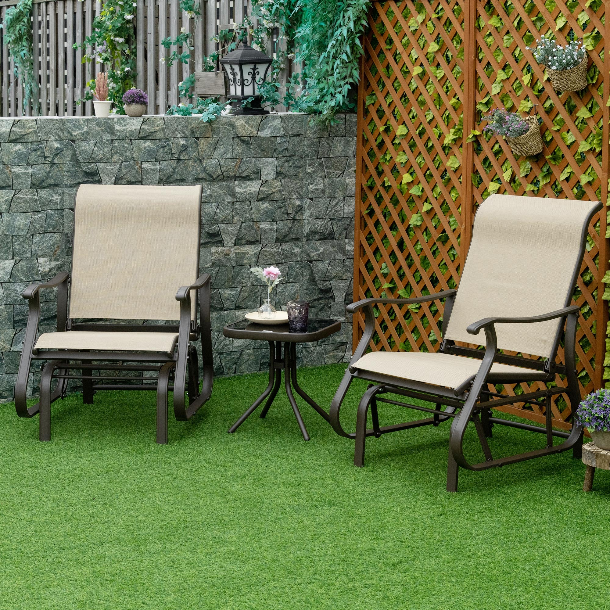 2-Person Gliding Rocking Chair & Bistro Tea Table Set, Beige - Image 4