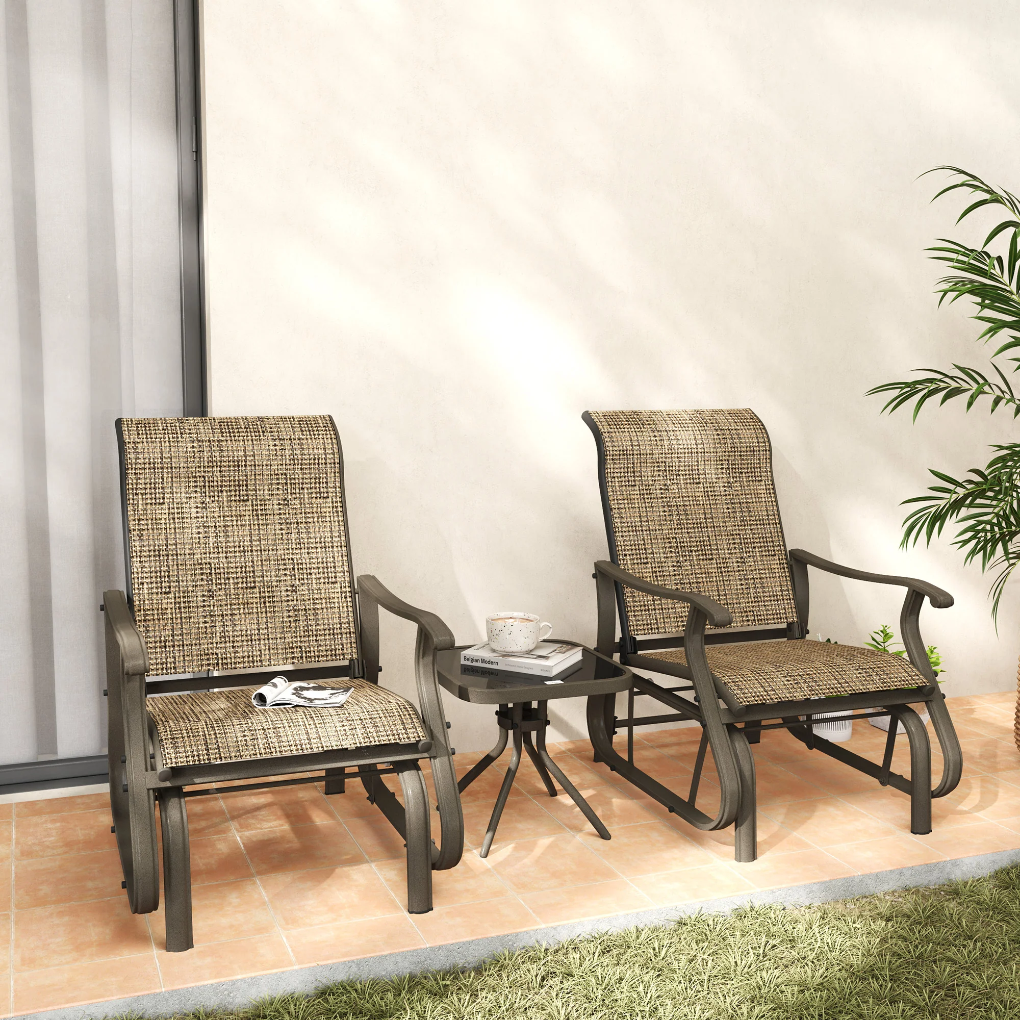 3-Piece Outdoor Gliders Set Bistro Set with Steel Frame, Tempered Glass Top Table, Brown - Image 3