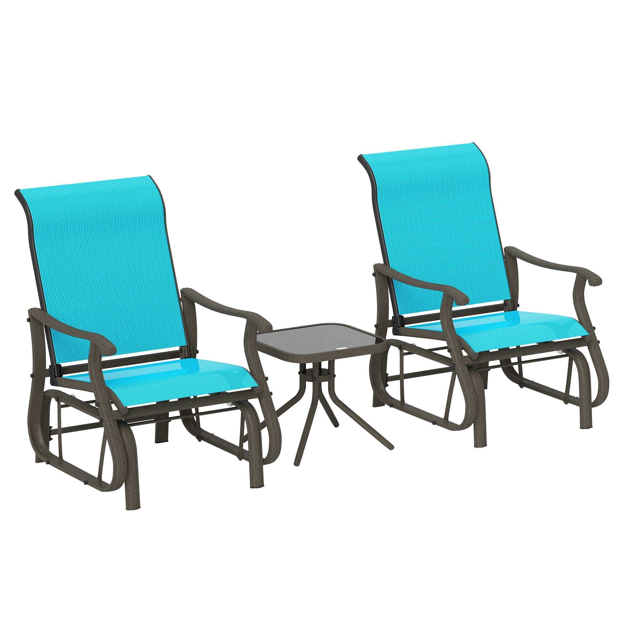 3-Piece Outdoor Gliders Set Bistro Set with Steel Frame, Tempered Glass Top Table, Bright Blue