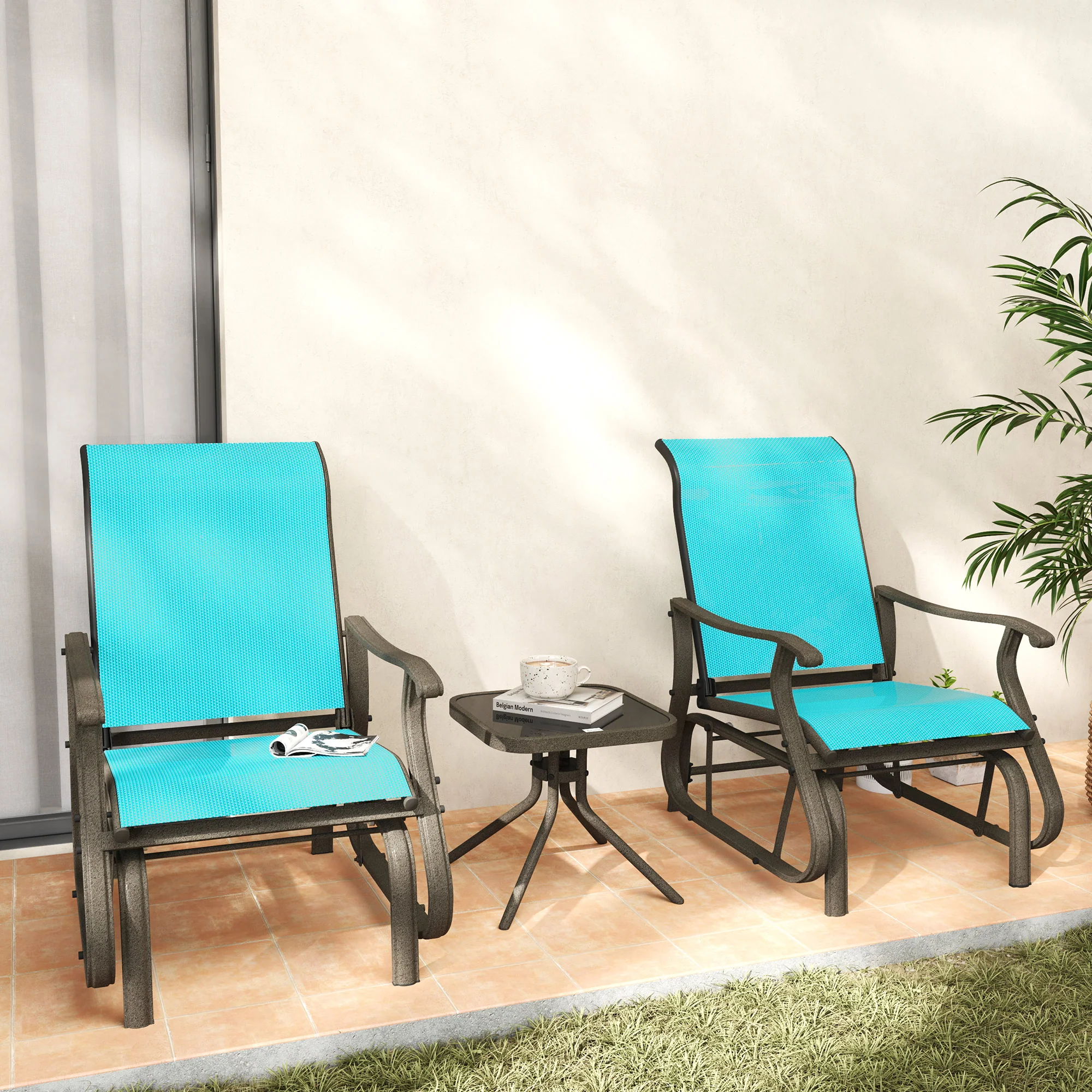 3-Piece Outdoor Gliders Set Bistro Set with Steel Frame, Tempered Glass Top Table, Bright Blue - Image 3