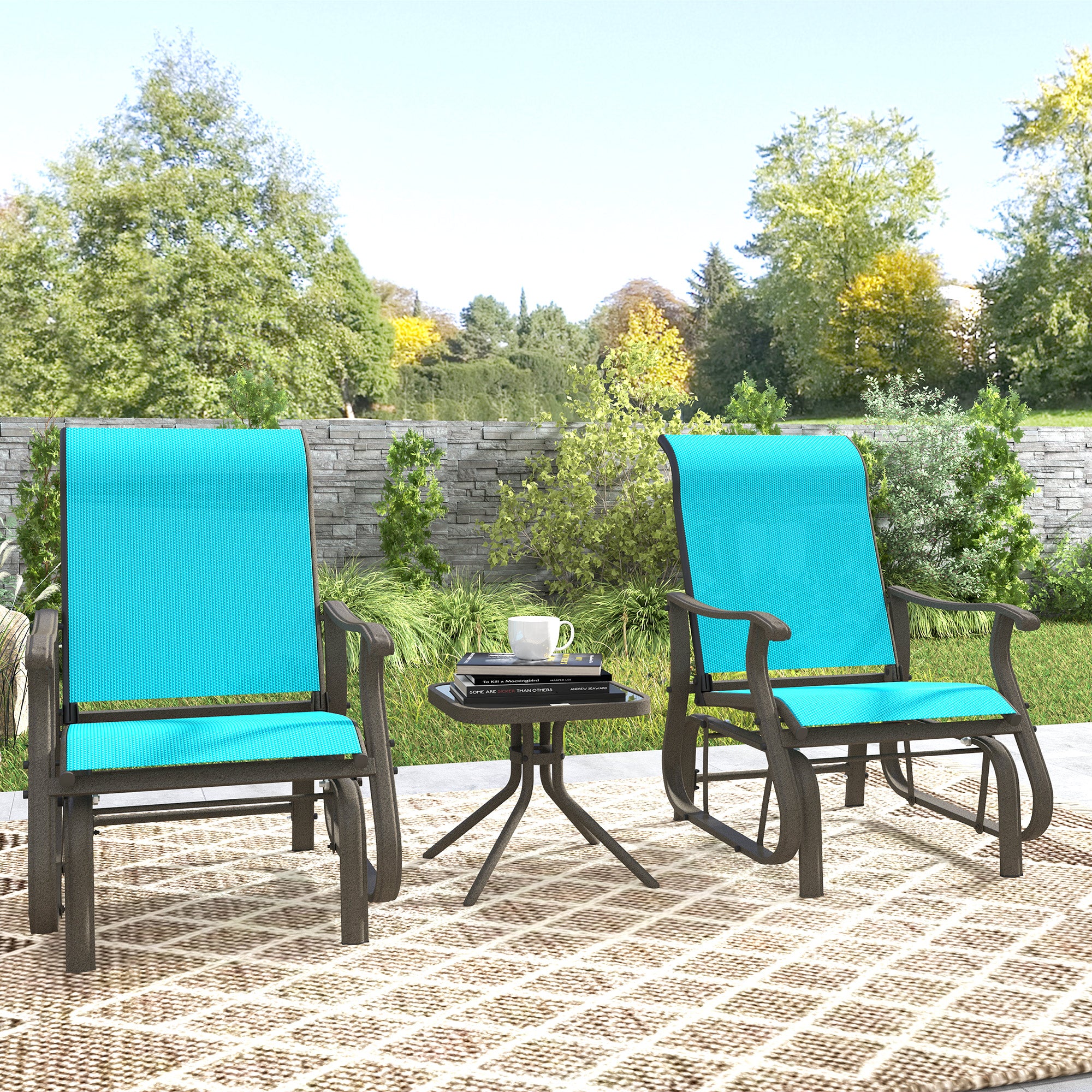 3-Piece Outdoor Gliders Set Bistro Set with Steel Frame, Tempered Glass Top Table, Bright Blue - Image 4