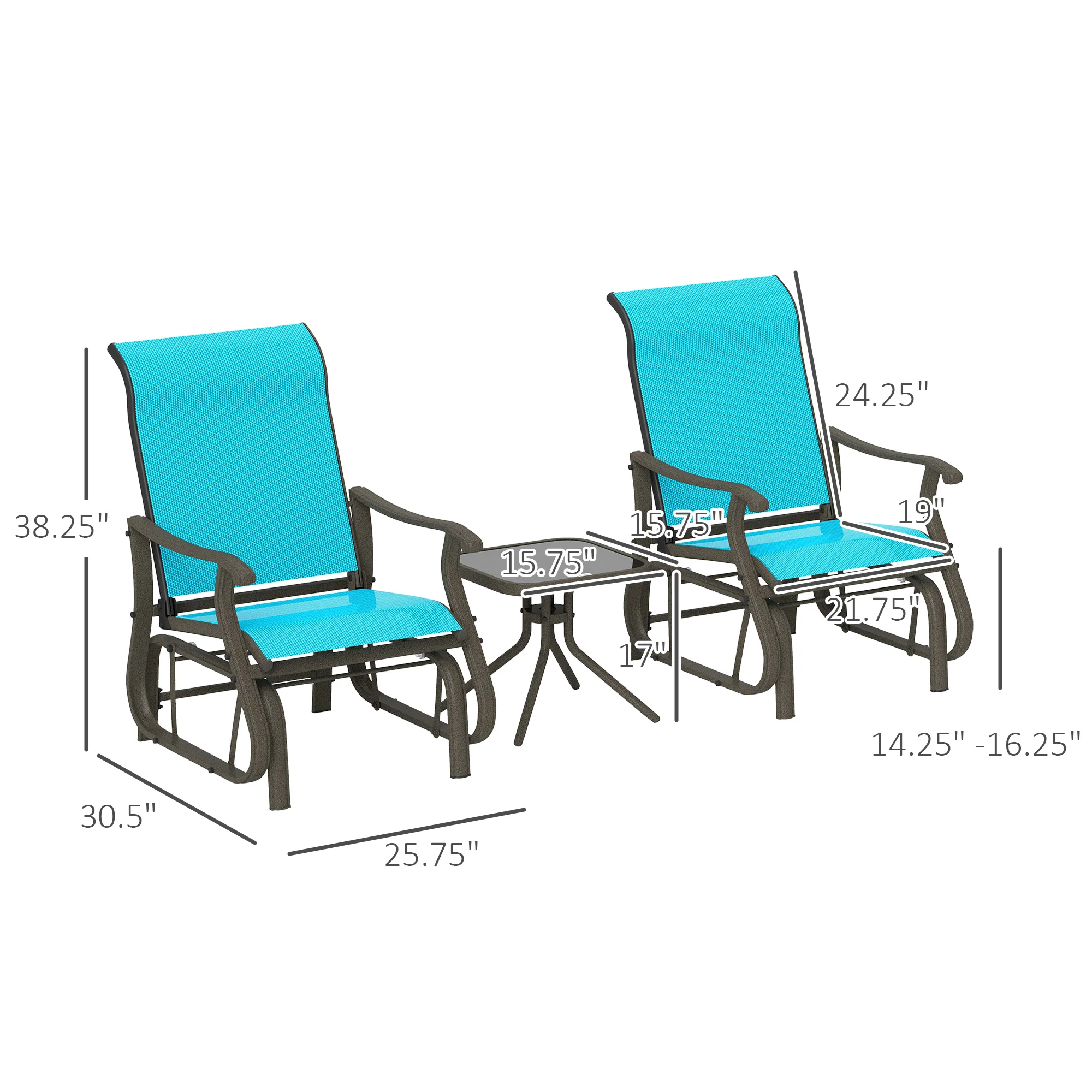 3-Piece Outdoor Gliders Set Bistro Set with Steel Frame, Tempered Glass Top Table, Bright Blue - Image 5