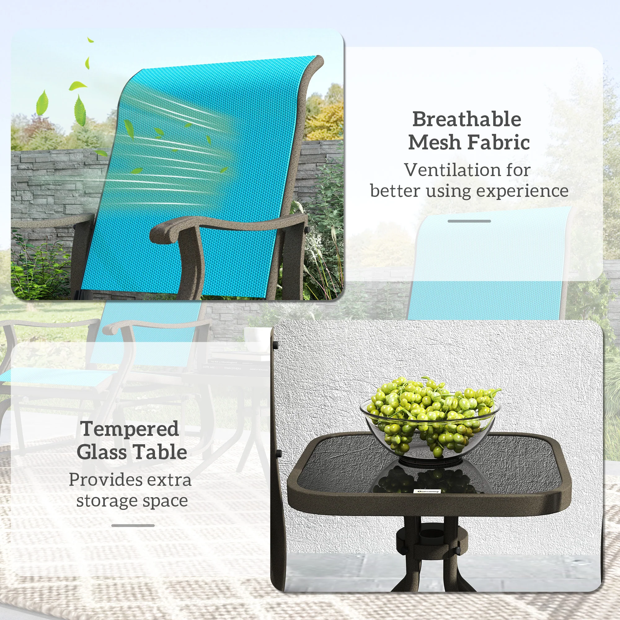 3-Piece Outdoor Gliders Set Bistro Set with Steel Frame, Tempered Glass Top Table, Bright Blue - Image 7