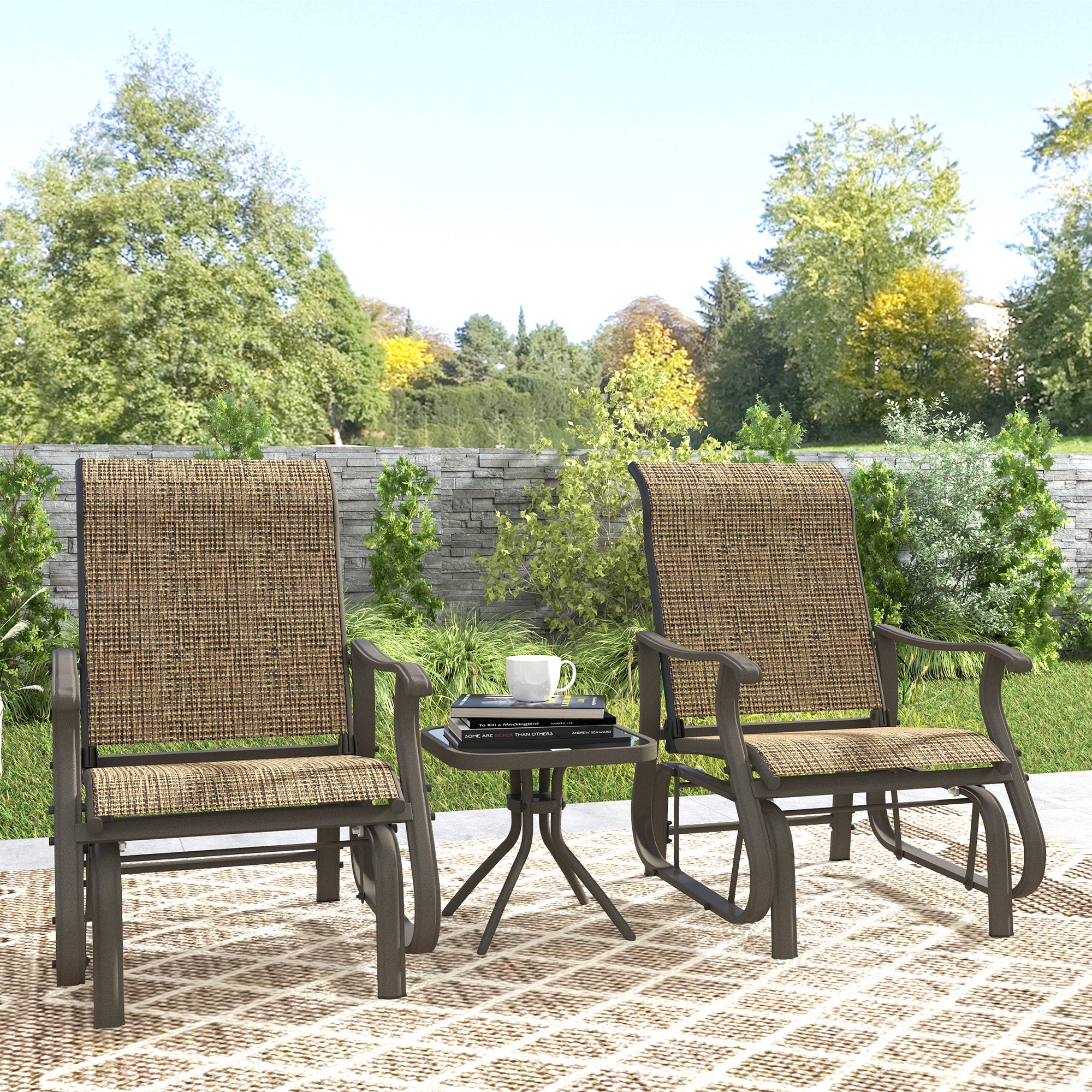 3-Piece Outdoor Gliders Set Bistro Set with Steel Frame, Tempered Glass Top Table, Brown - Image 4