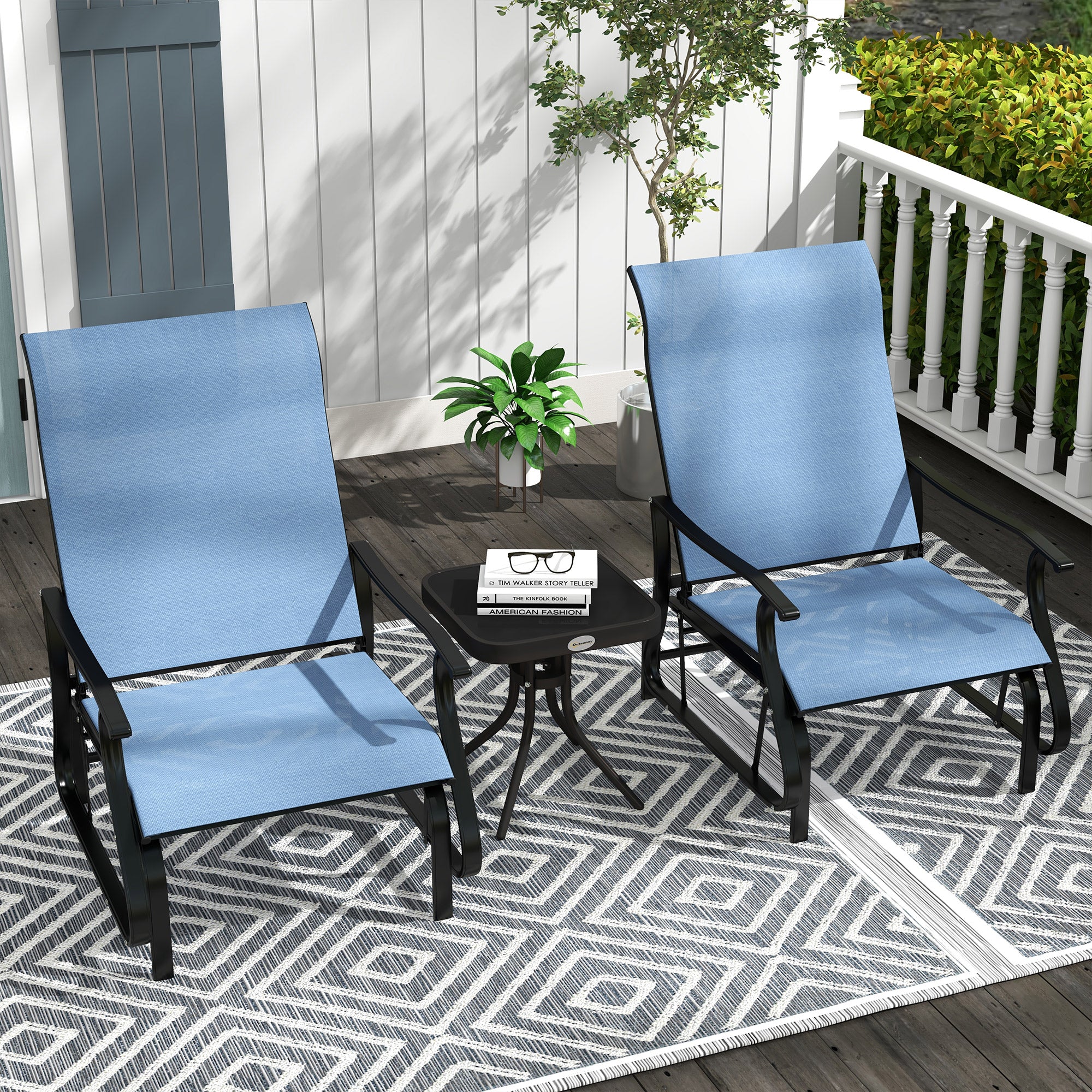 3-Piece Outdoor Gliders Set Bistro Set with Steel Frame, Tempered Glass Top Table, Light Blue - Image 4