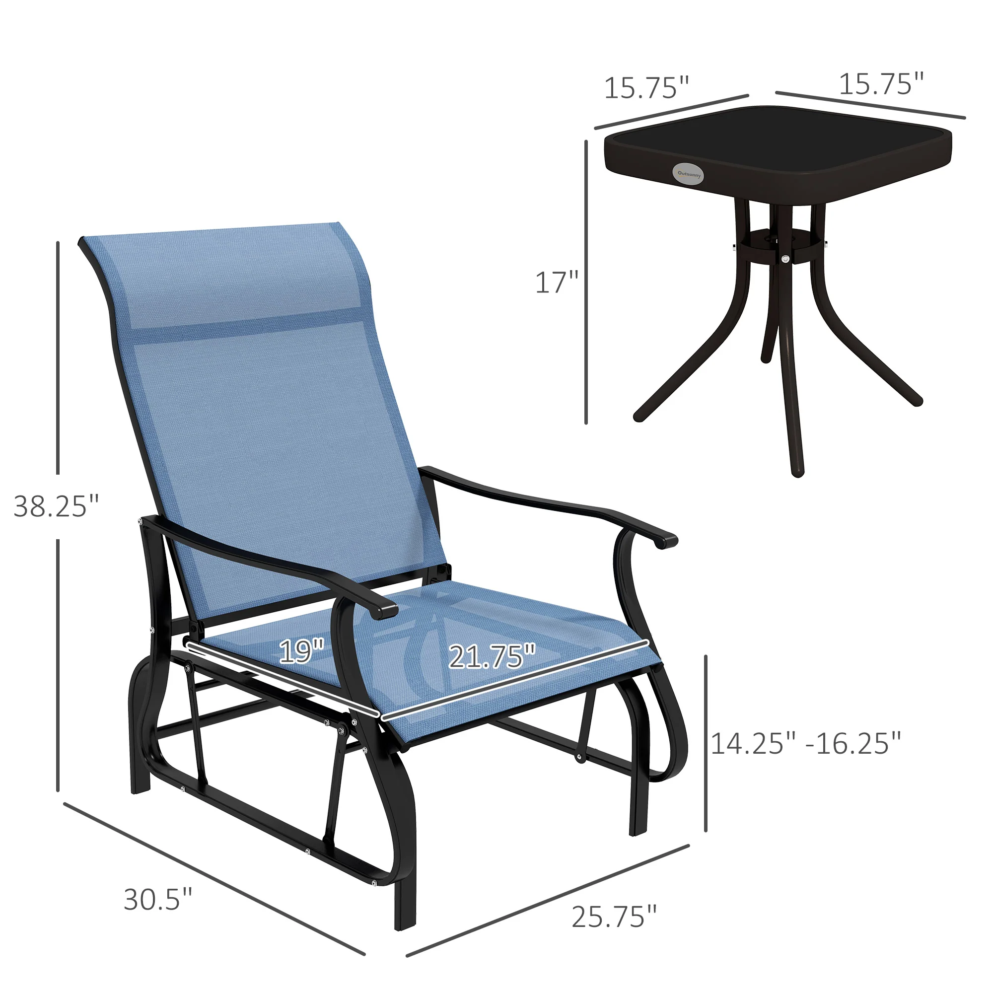 3-Piece Outdoor Gliders Set Bistro Set with Steel Frame, Tempered Glass Top Table, Light Blue - Image 5