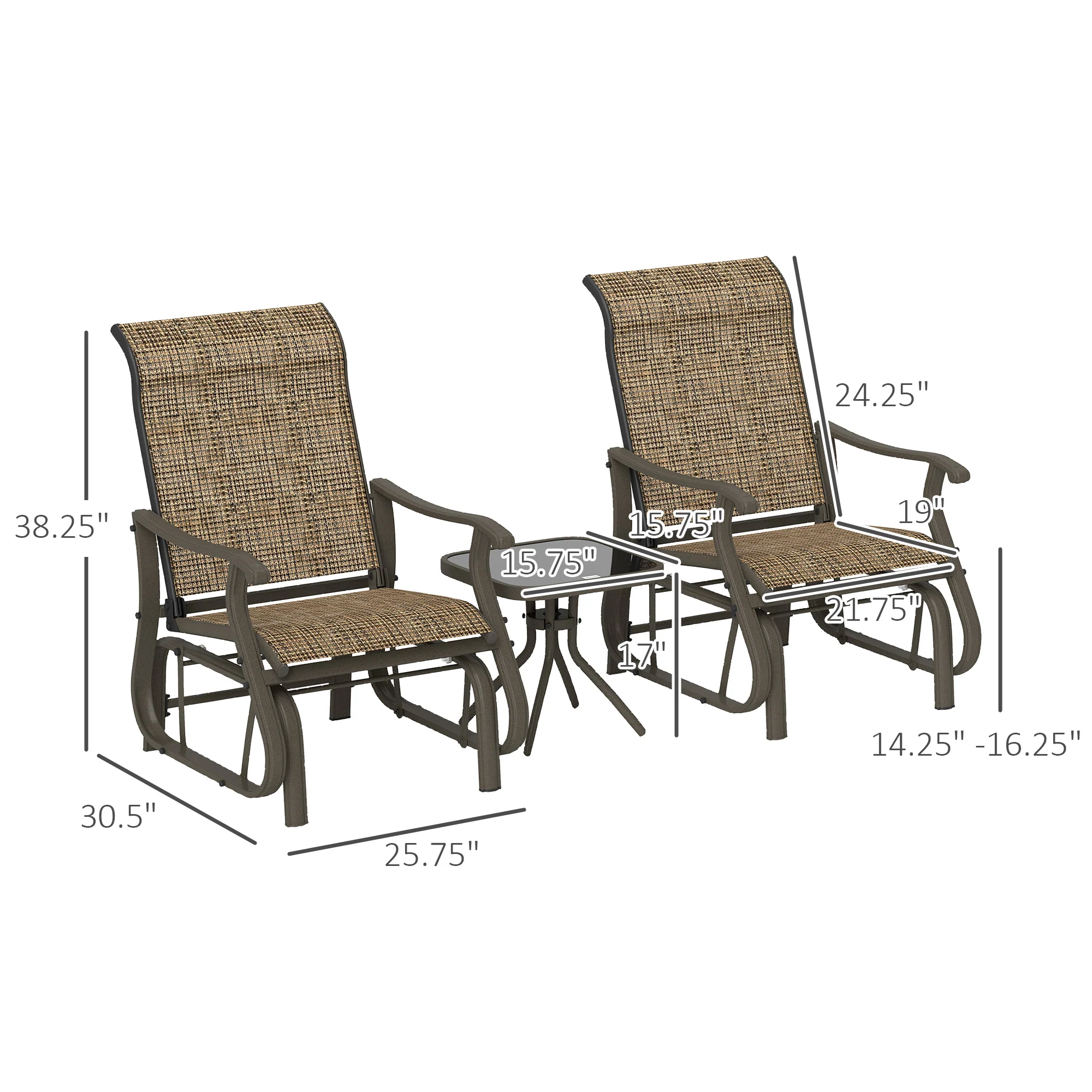 3-Piece Outdoor Gliders Set Bistro Set with Steel Frame, Tempered Glass Top Table, Brown - Image 5