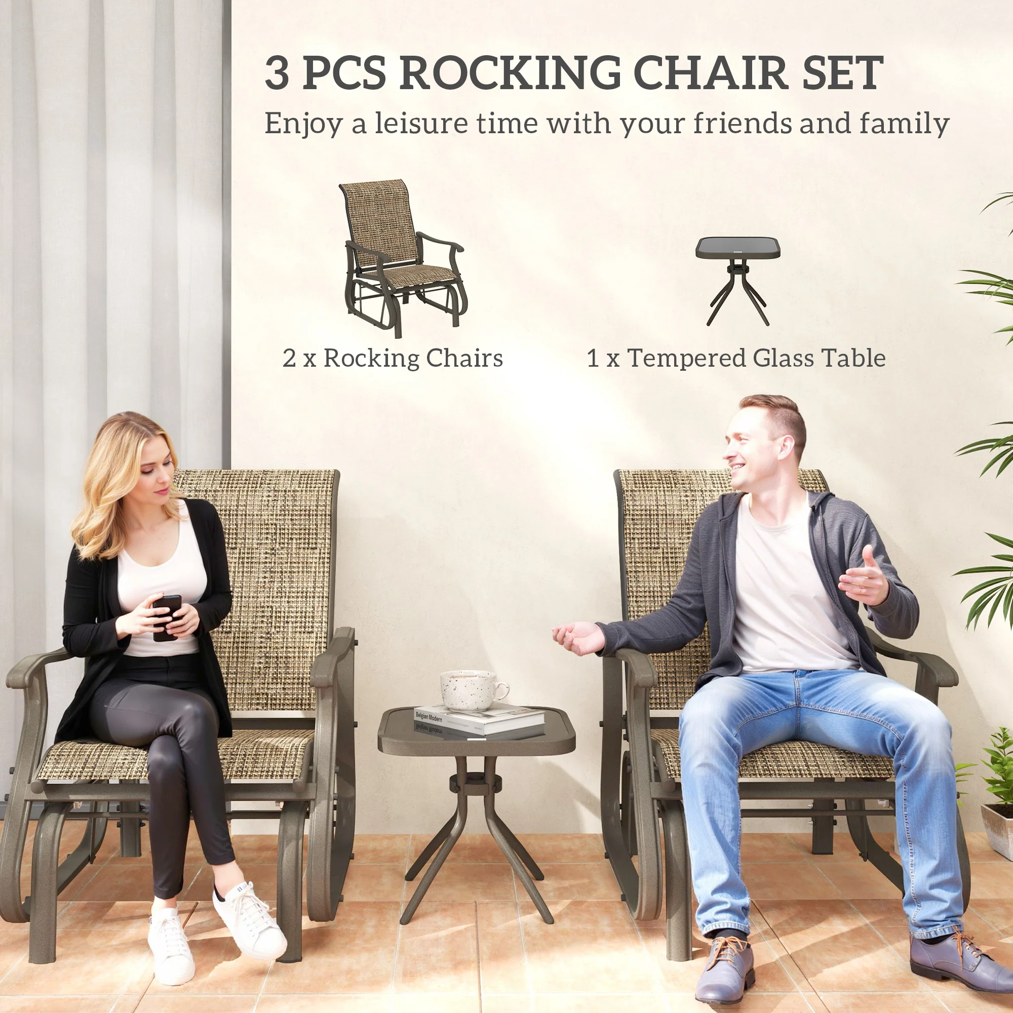 3-Piece Outdoor Gliders Set Bistro Set with Steel Frame, Tempered Glass Top Table, Brown - Image 6