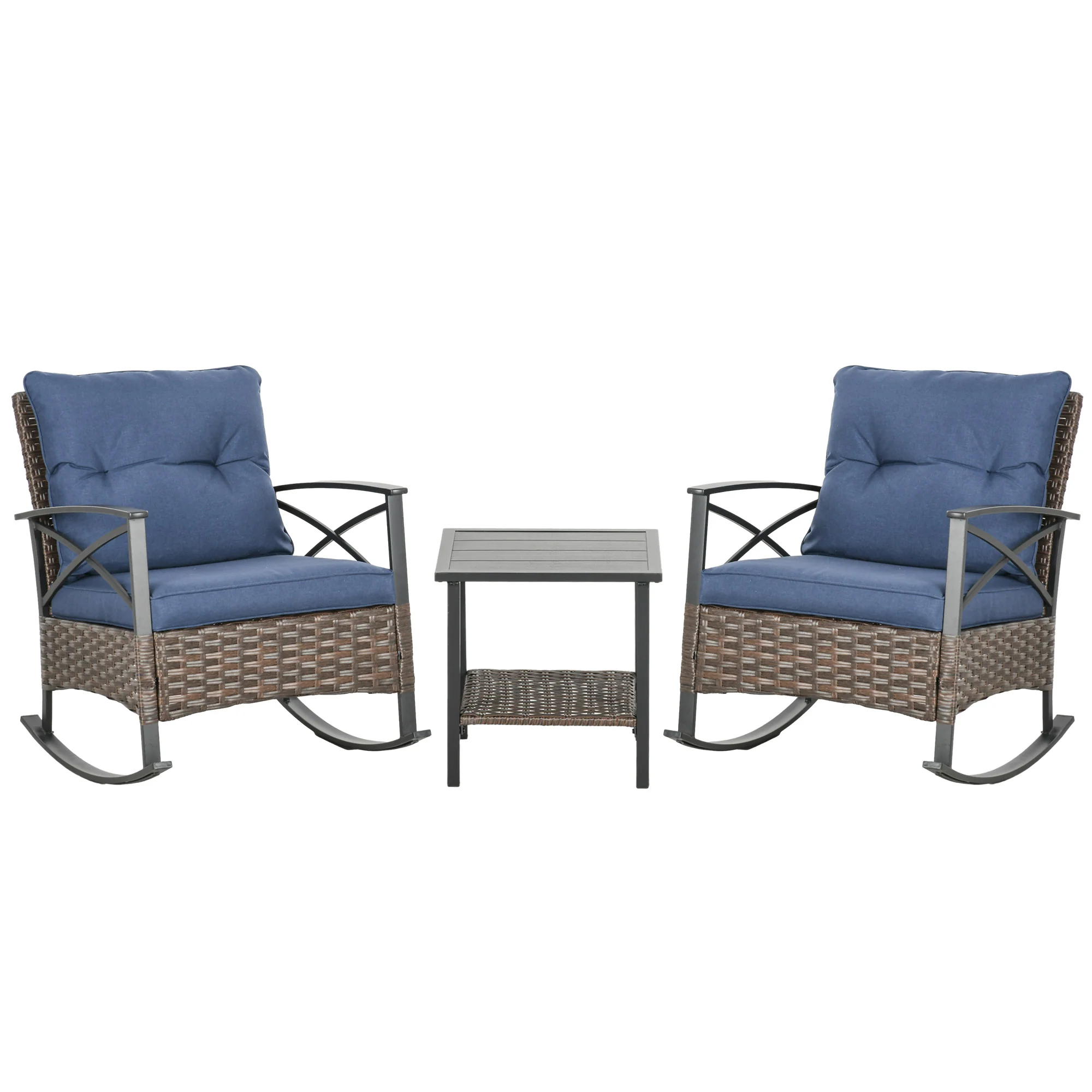 3 Piece Outdoor Rocking Chair Set with 2 Cushioned Rockers and 2 Tier Coffee Table, Dark Blue - Image 12