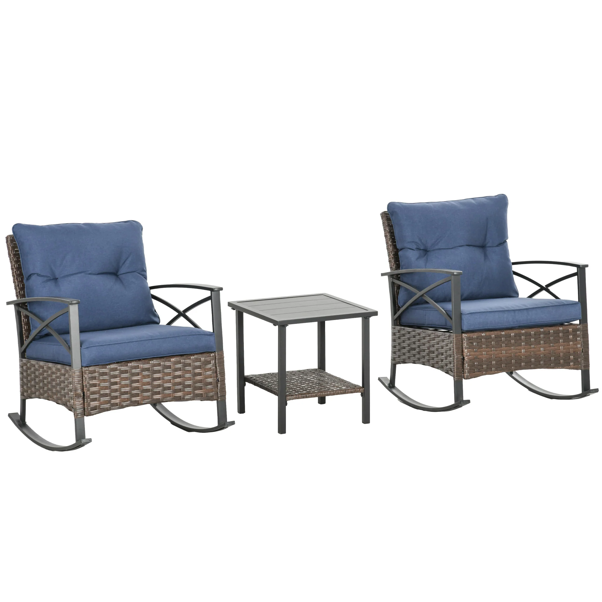 3 Piece Outdoor Rocking Chair Set with 2 Cushioned Rockers and 2 Tier Coffee Table, Dark Blue - Image 2