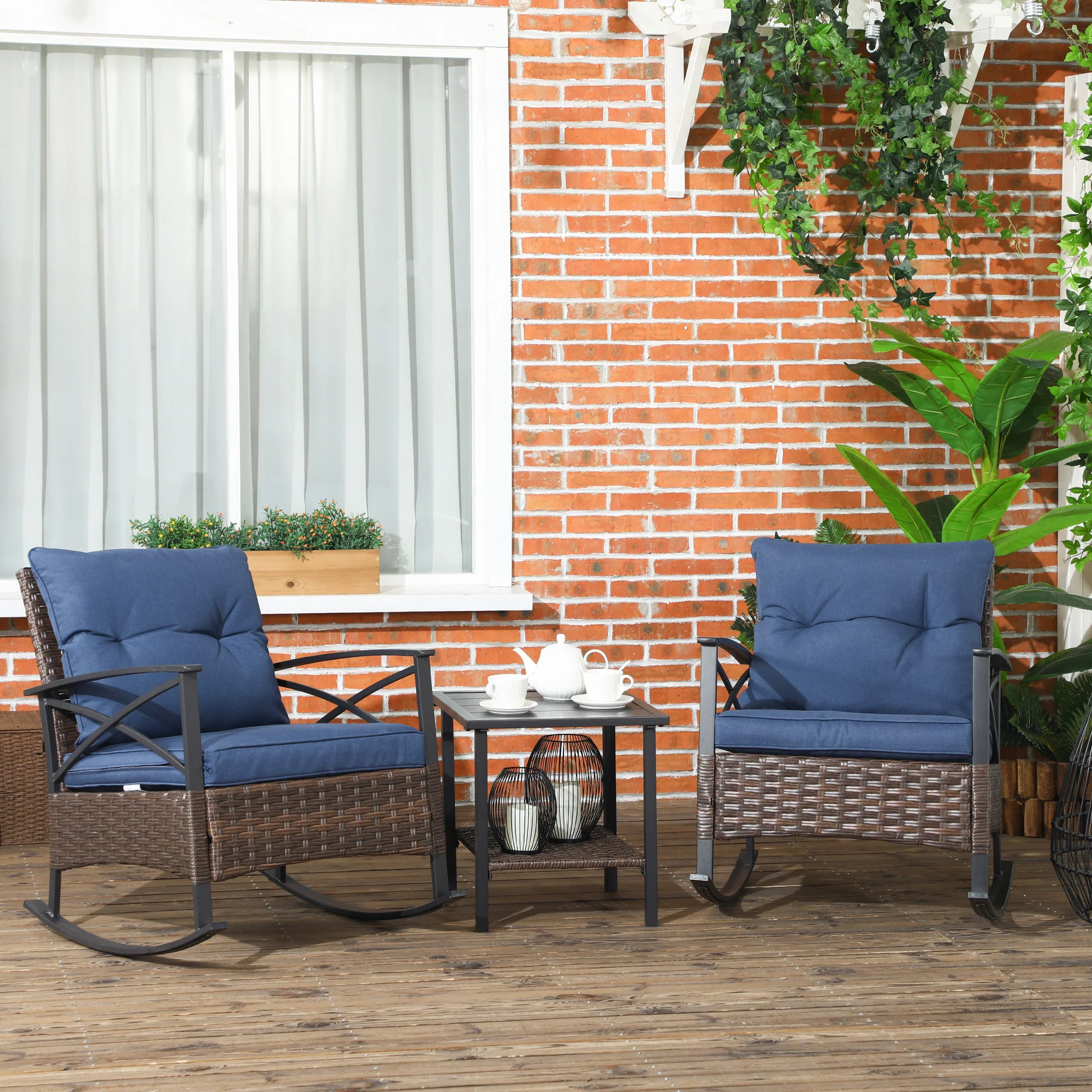3 Piece Outdoor Rocking Chair Set with 2 Cushioned Rockers and 2 Tier Coffee Table, Dark Blue - Image 3