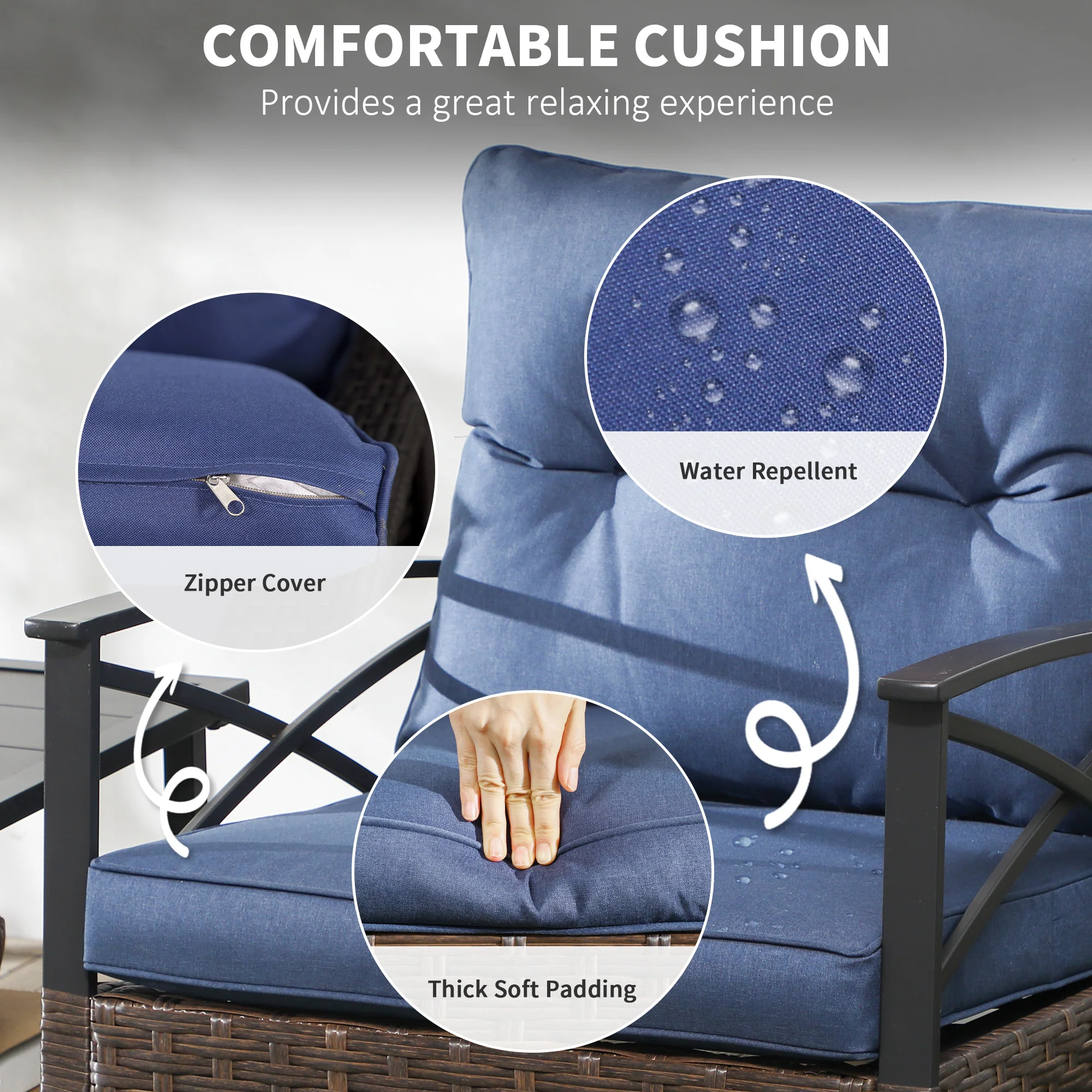 3 Piece Outdoor Rocking Chair Set with 2 Cushioned Rockers and 2 Tier Coffee Table, Dark Blue - Image 7