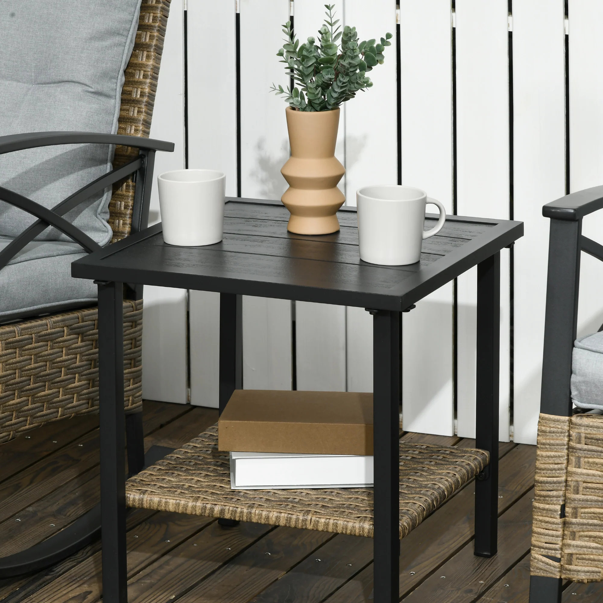 3 Piece Outdoor Rocking Chair Set with 2 Cushioned Rockers and 2 Tier Coffee Table, Light Gray - Image 11