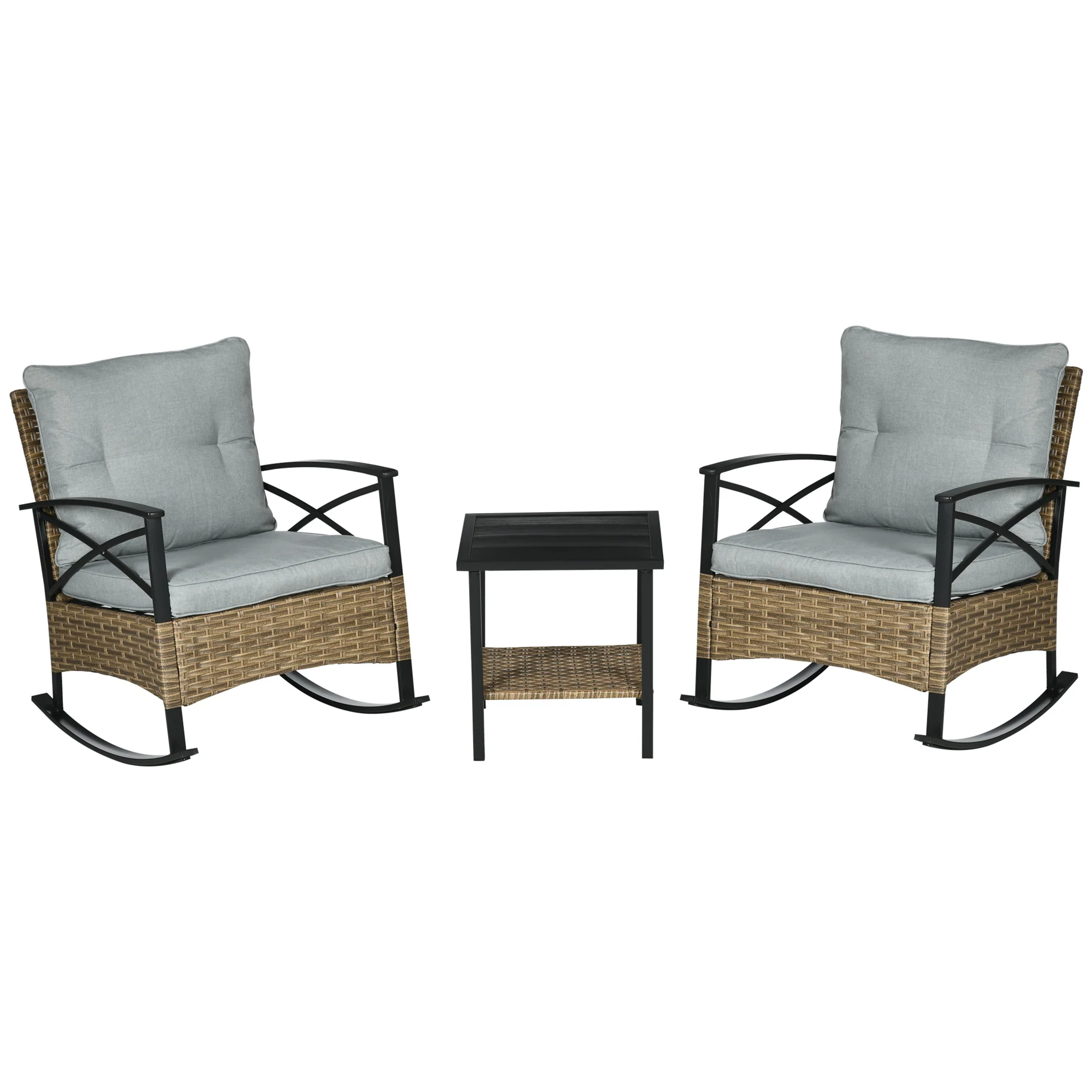 3 Piece Outdoor Rocking Chair Set with 2 Cushioned Rockers and 2 Tier Coffee Table, Light Gray - Image 12