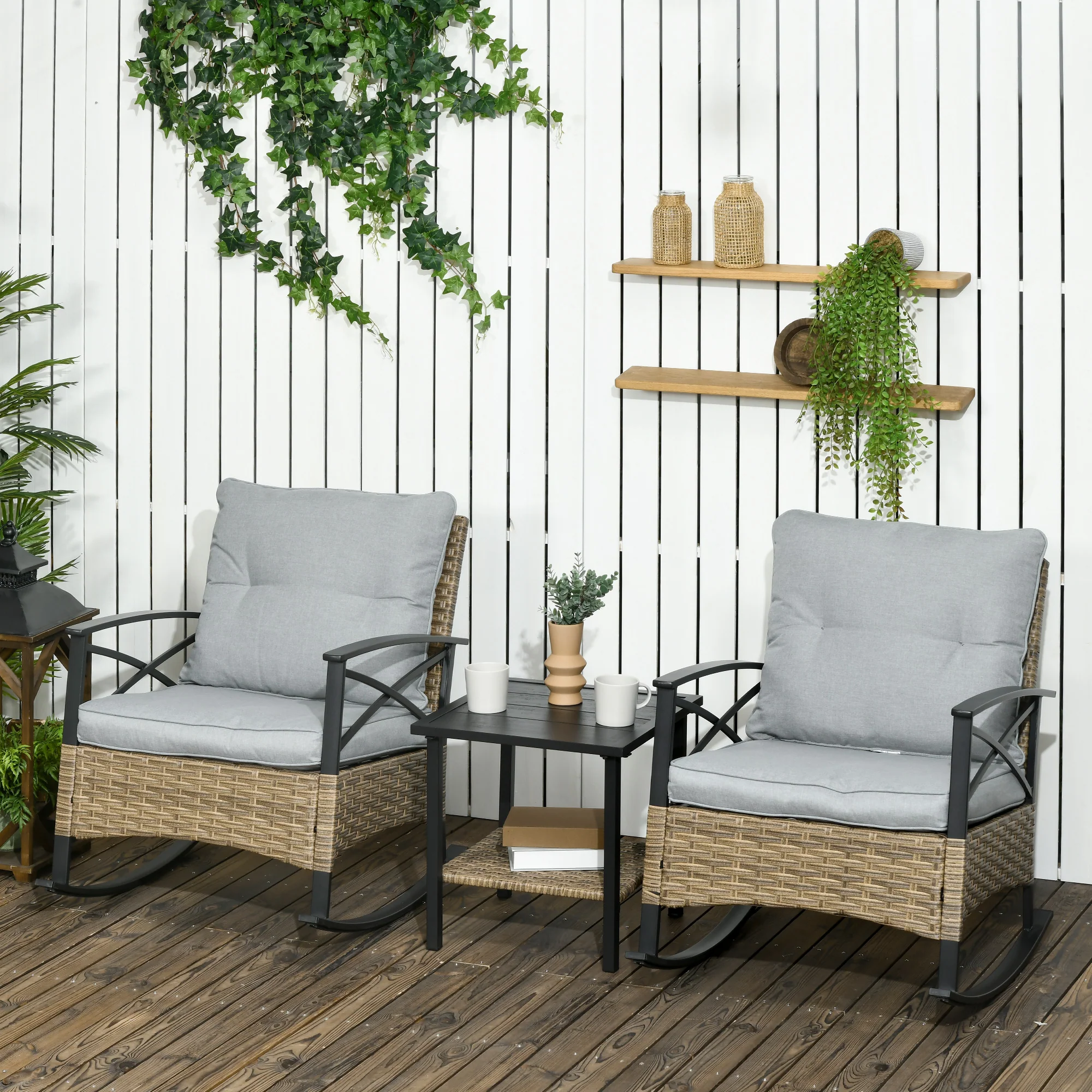 3 Piece Outdoor Rocking Chair Set with 2 Cushioned Rockers and 2 Tier Coffee Table, Light Gray - Image 3