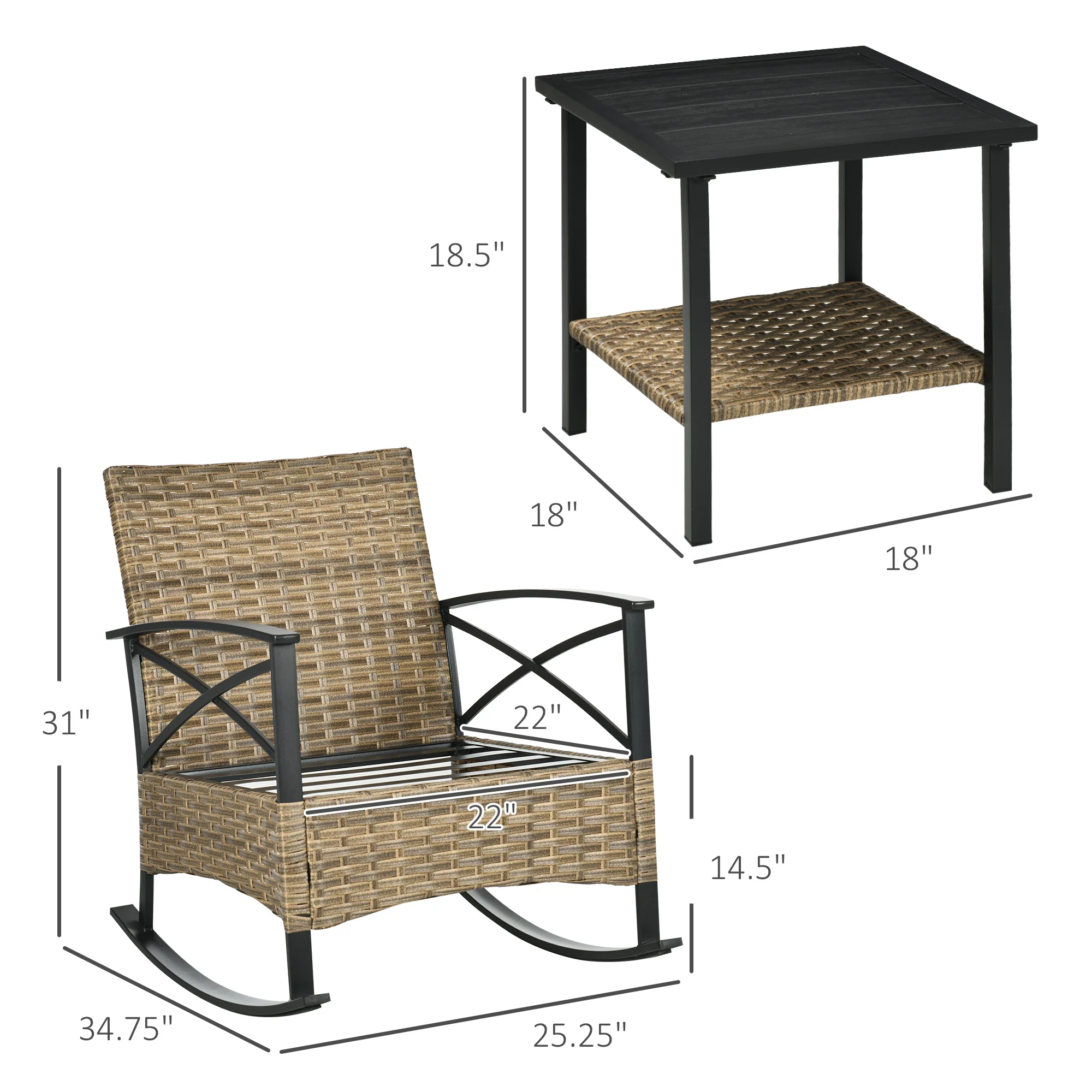 3 Piece Outdoor Rocking Chair Set with 2 Cushioned Rockers and 2 Tier Coffee Table, Light Gray - Image 5