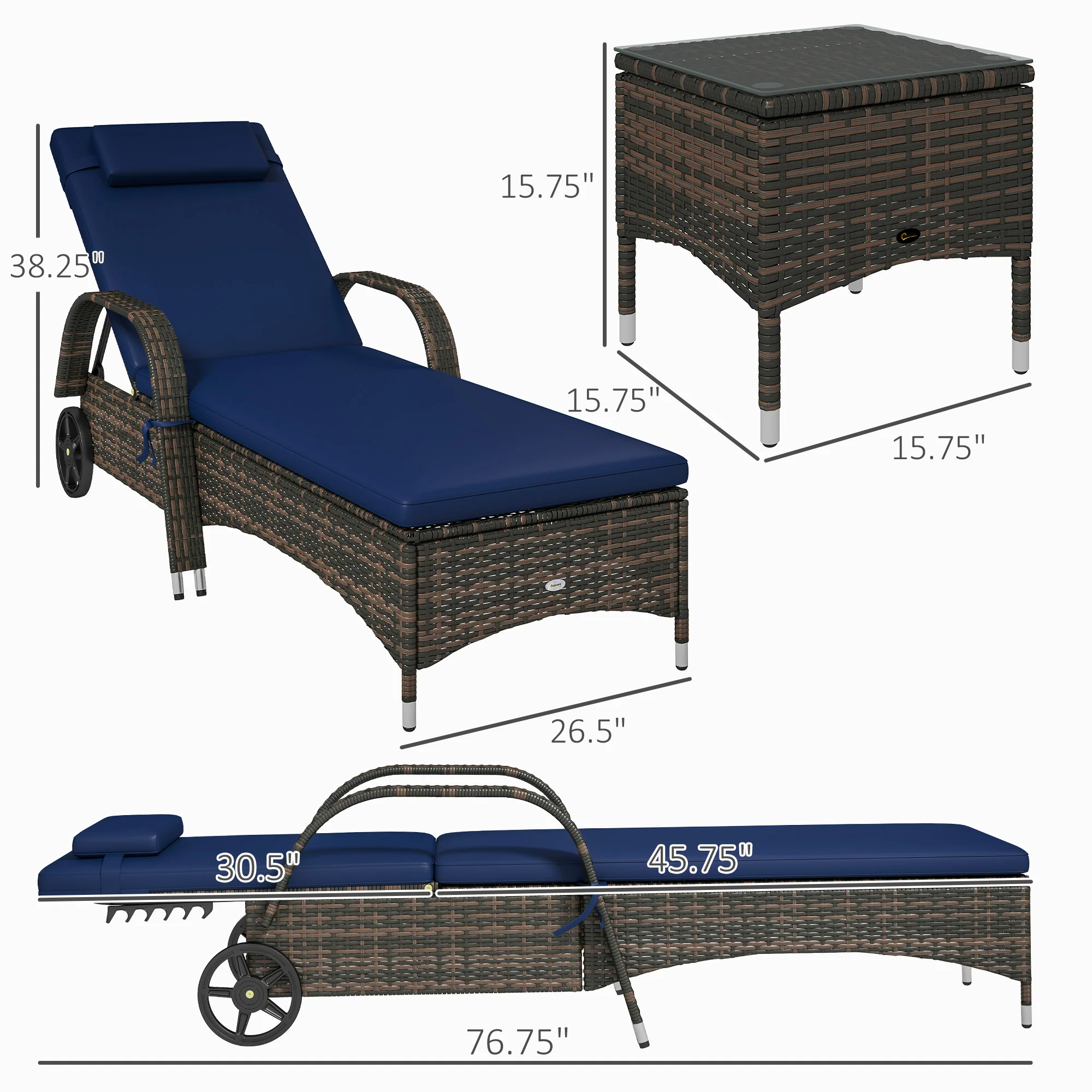 3-Piece Wicker Chaise Lounge Chair Set with Side Table, 5-Level Adjustable Backrest, Dark Blue - Image 5