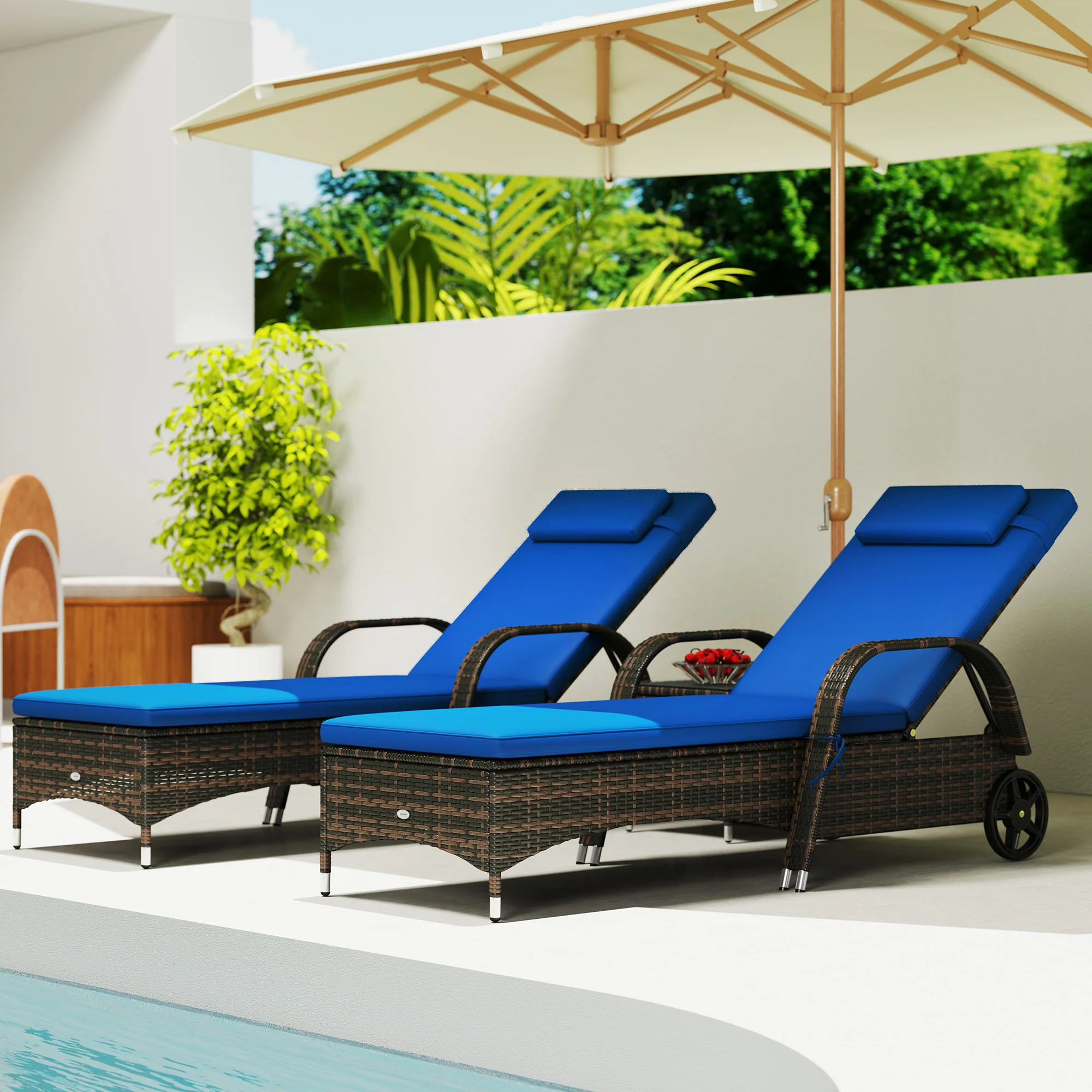 3-Piece Wicker Chaise Lounge Chair Set with Side Table, 5-Level Adjustable Backrest, Blue - Image 10