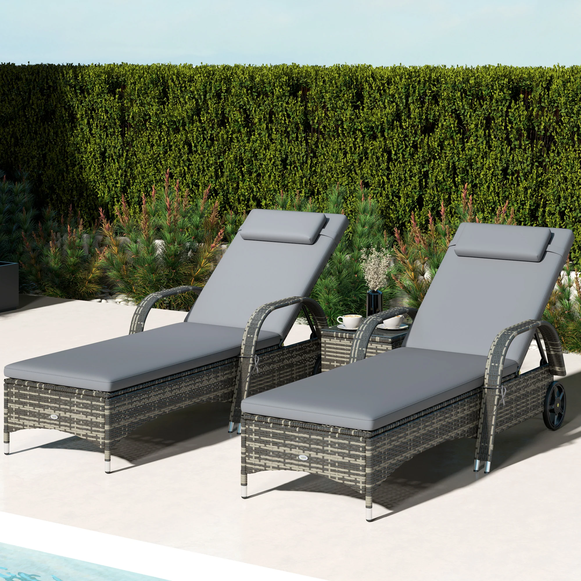 3-Piece Wicker Chaise Lounge Chair Set with Side Table, 5-Level Adjustable Backrest, Gray - Image 3