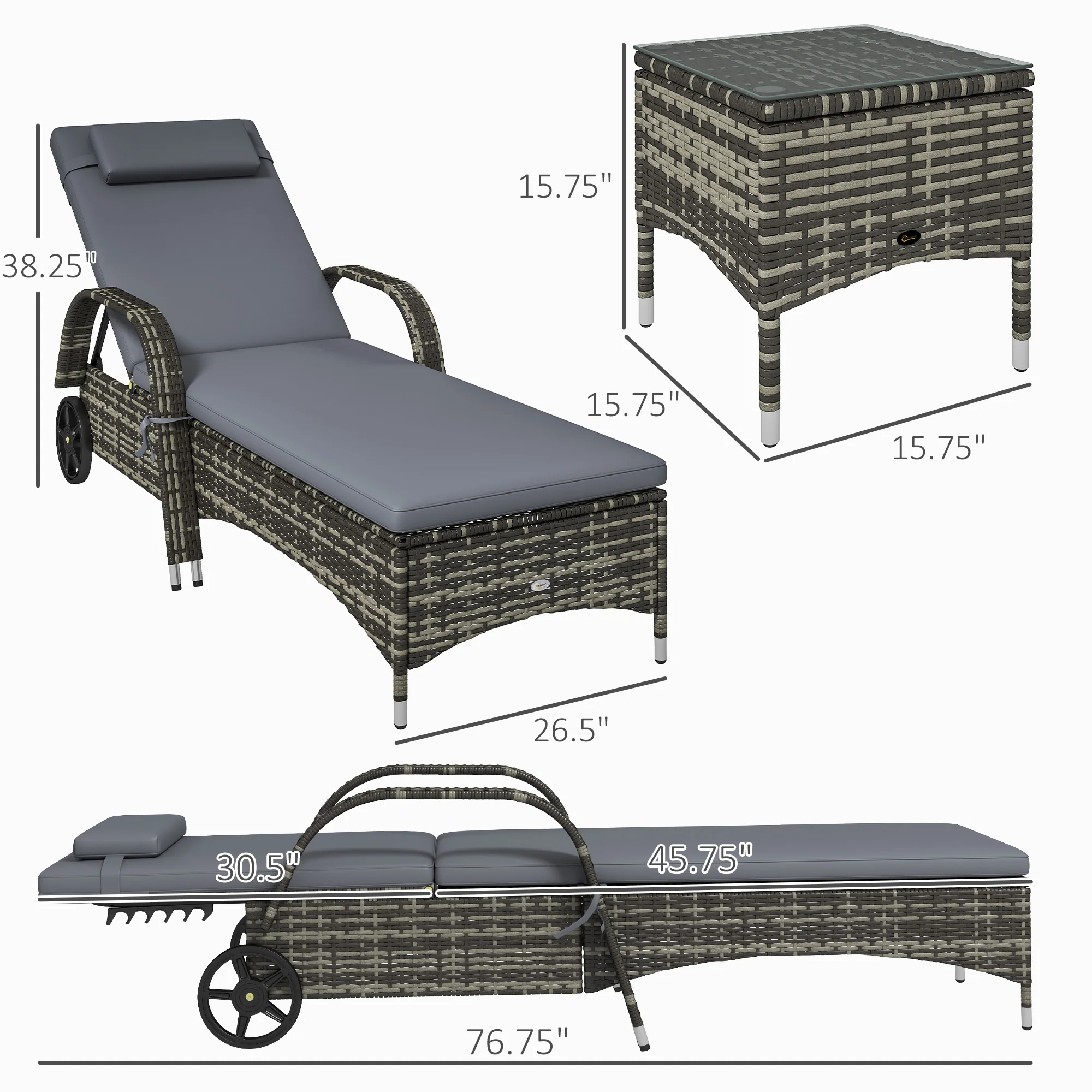 3-Piece Wicker Chaise Lounge Chair Set with Side Table, 5-Level Adjustable Backrest, Gray - Image 5