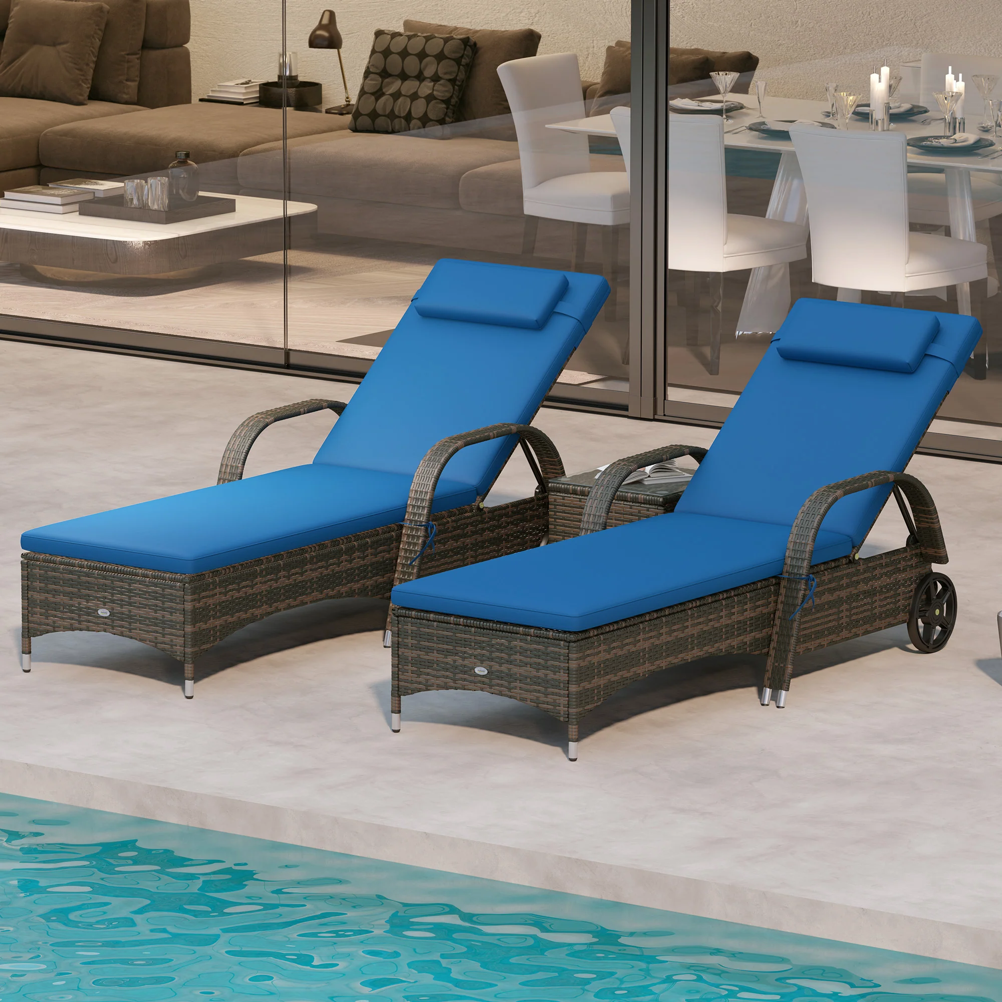 3-Piece Wicker Chaise Lounge Chair Set with Side Table, 5-Level Adjustable Backrest, Blue - Image 3