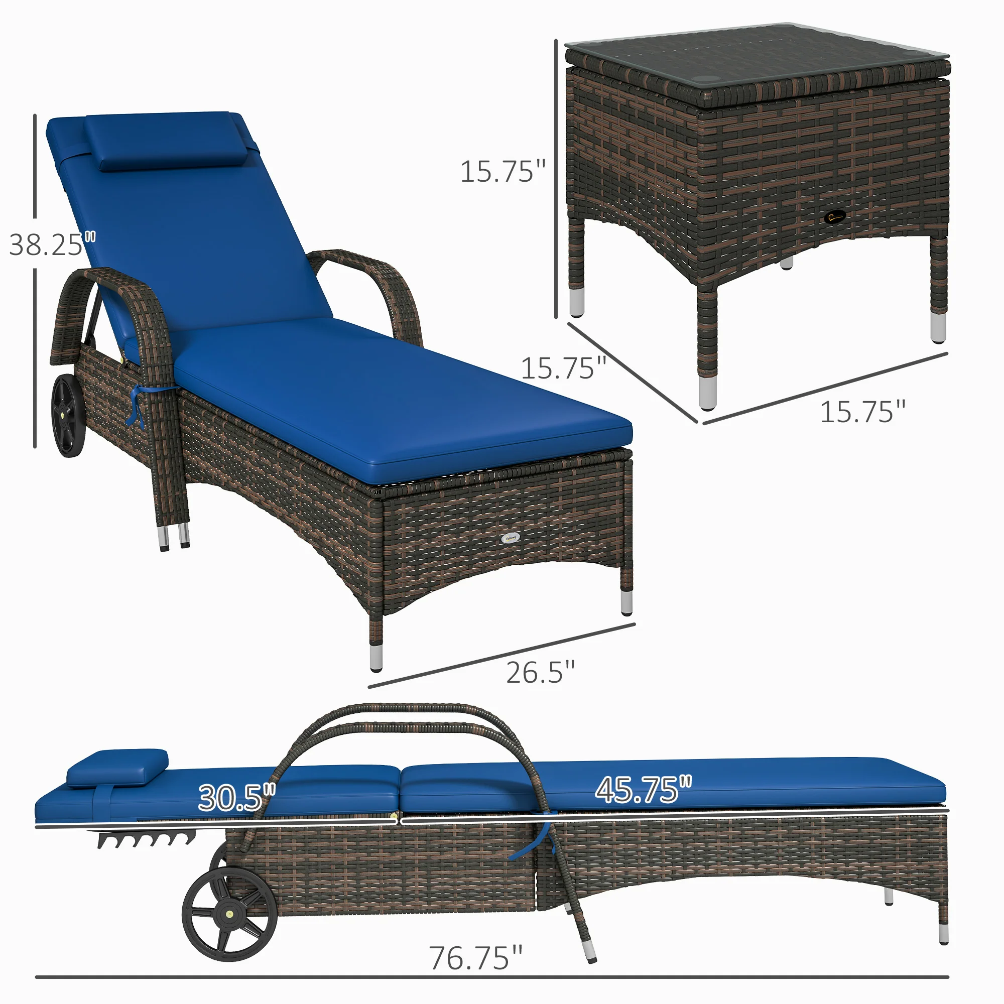 3-Piece Wicker Chaise Lounge Chair Set with Side Table, 5-Level Adjustable Backrest, Blue - Image 5